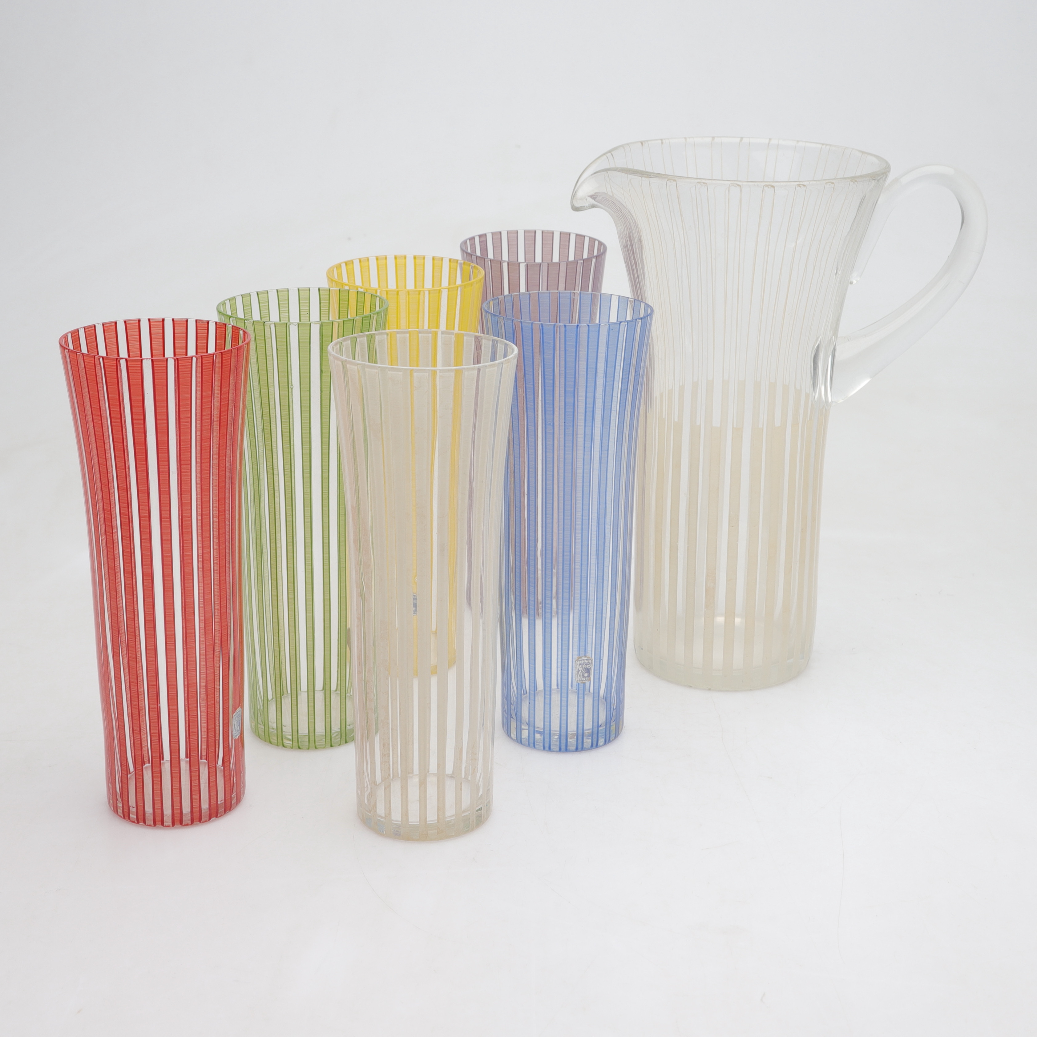 BENGT ORUP. Glas och karaff, 6+1 delar, " Strikt", Johansfors, 1950-tal.