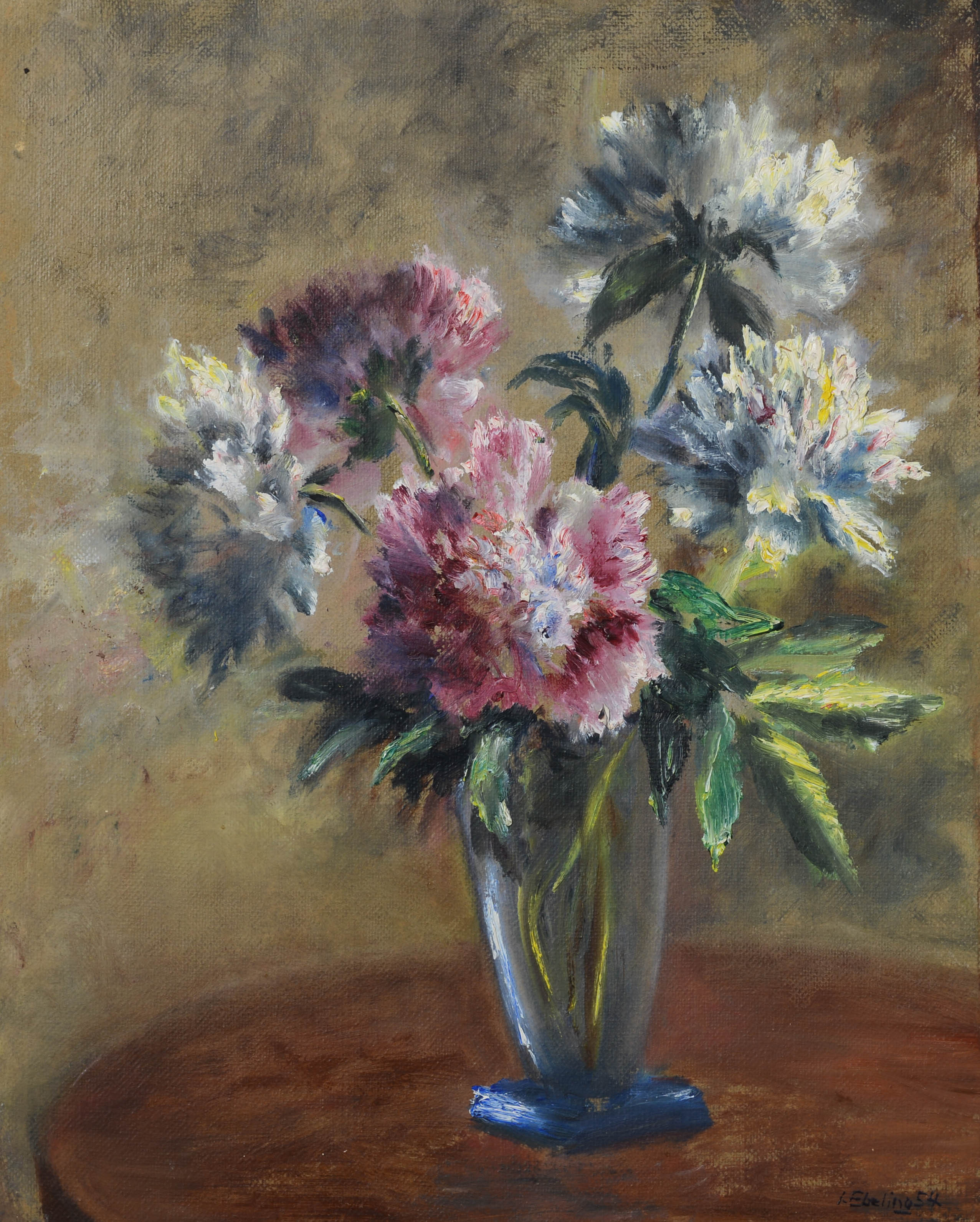 IRIS EBELING-EJEBRANT. Blomsterstilleben, olja på pannå, signerad samt daterad 54.