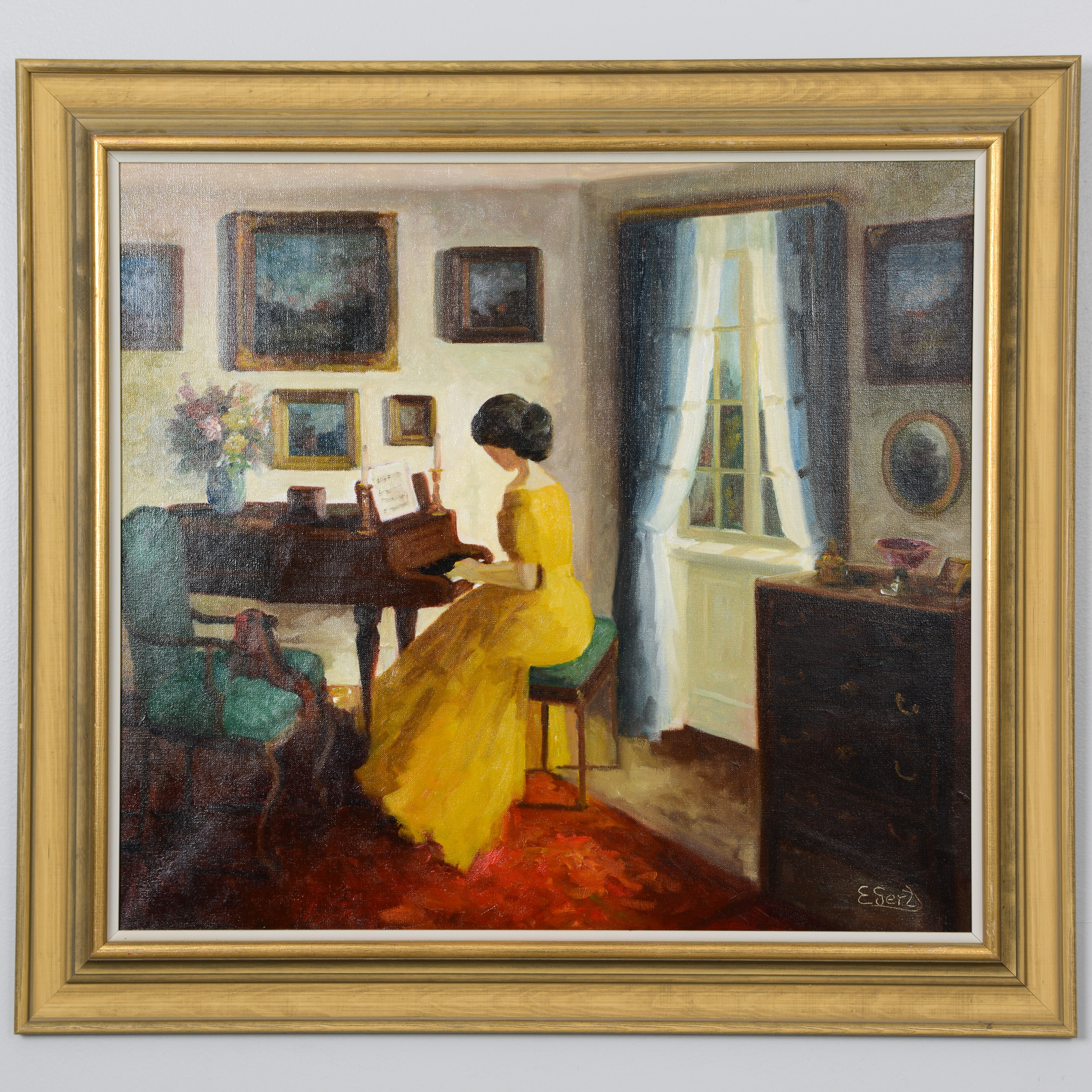 EDITH GERT. Interiör med kvinna, olja på duk, signerad.