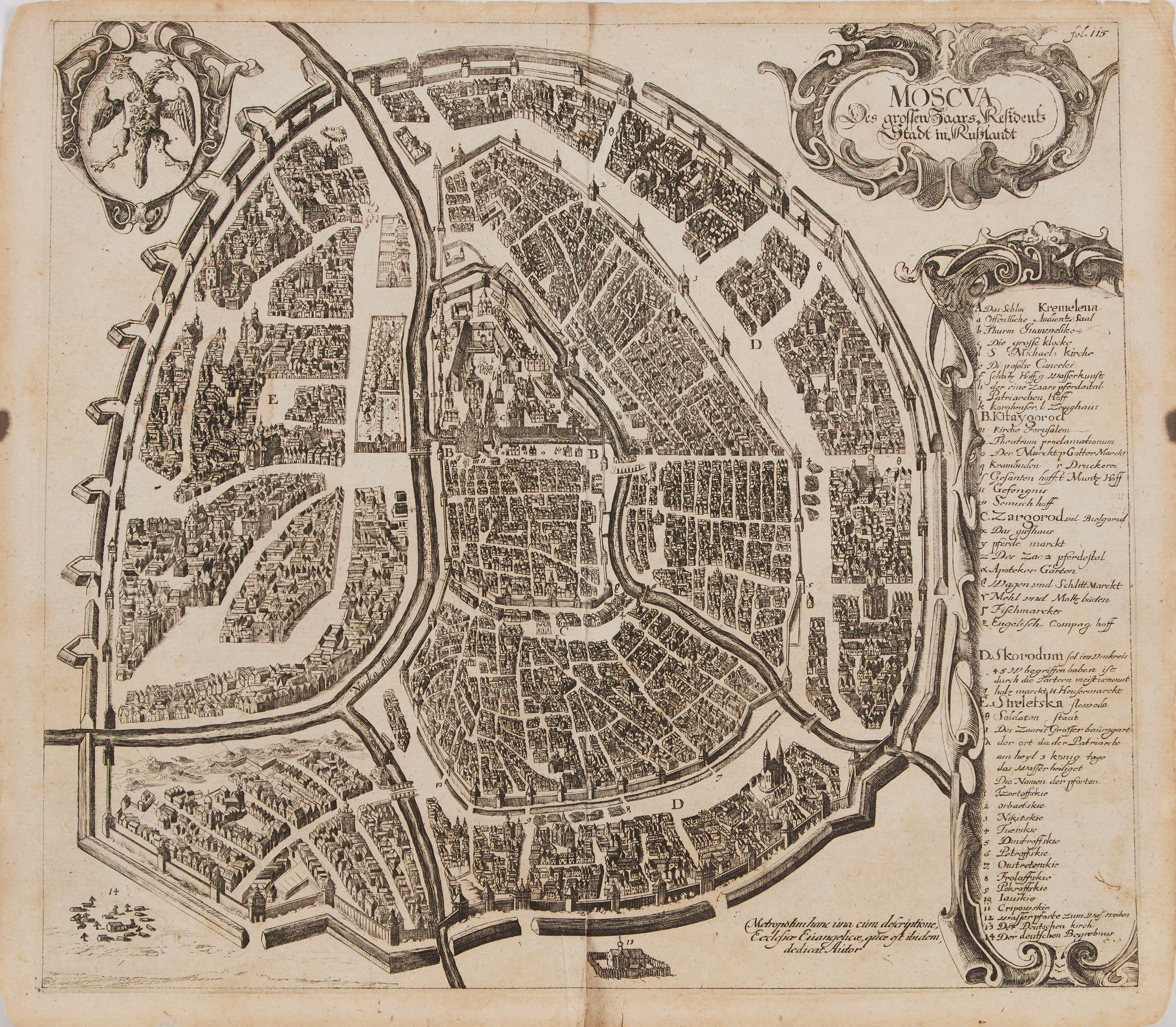 MAP OF MOSCOW, Moscva. Des grossen Zaars Reidentz Stadt in Russlandt. C. 1700.
