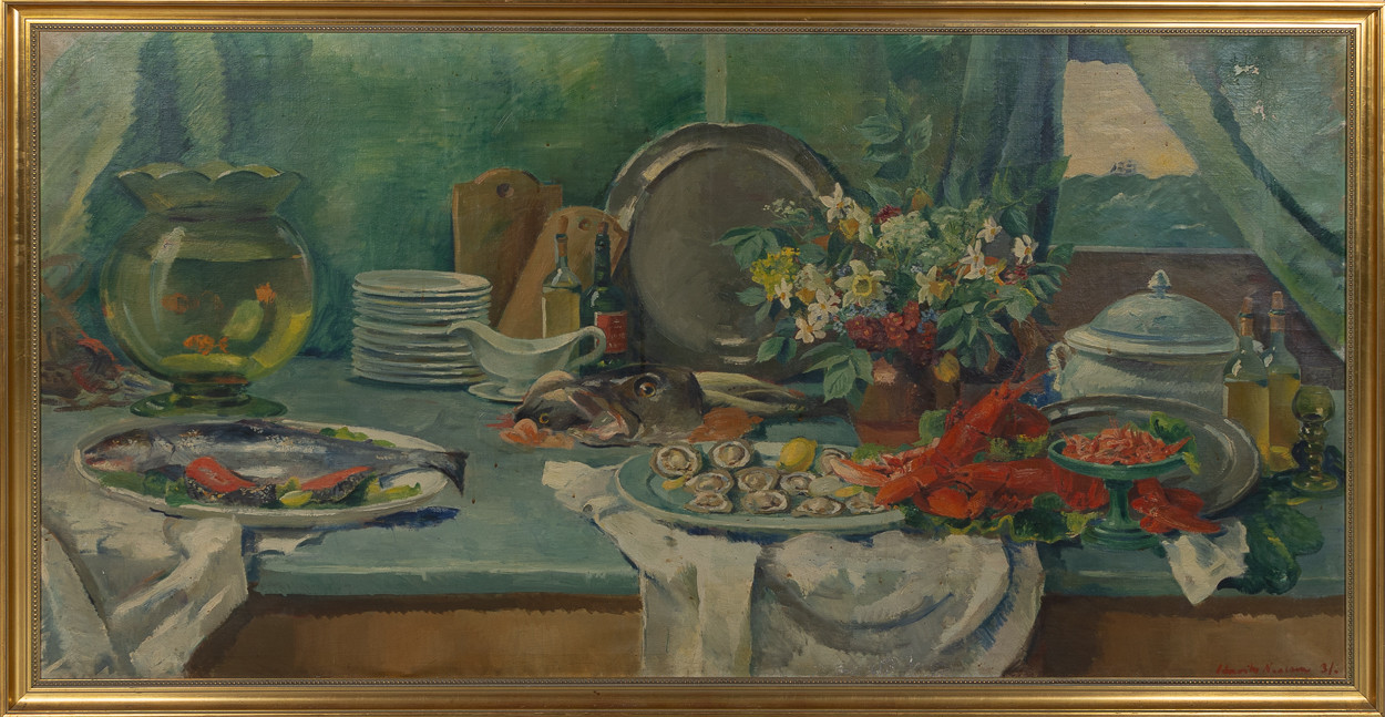 OKÄND KONSTNÄR. Stilleben med humrar m.m, olja på duk.