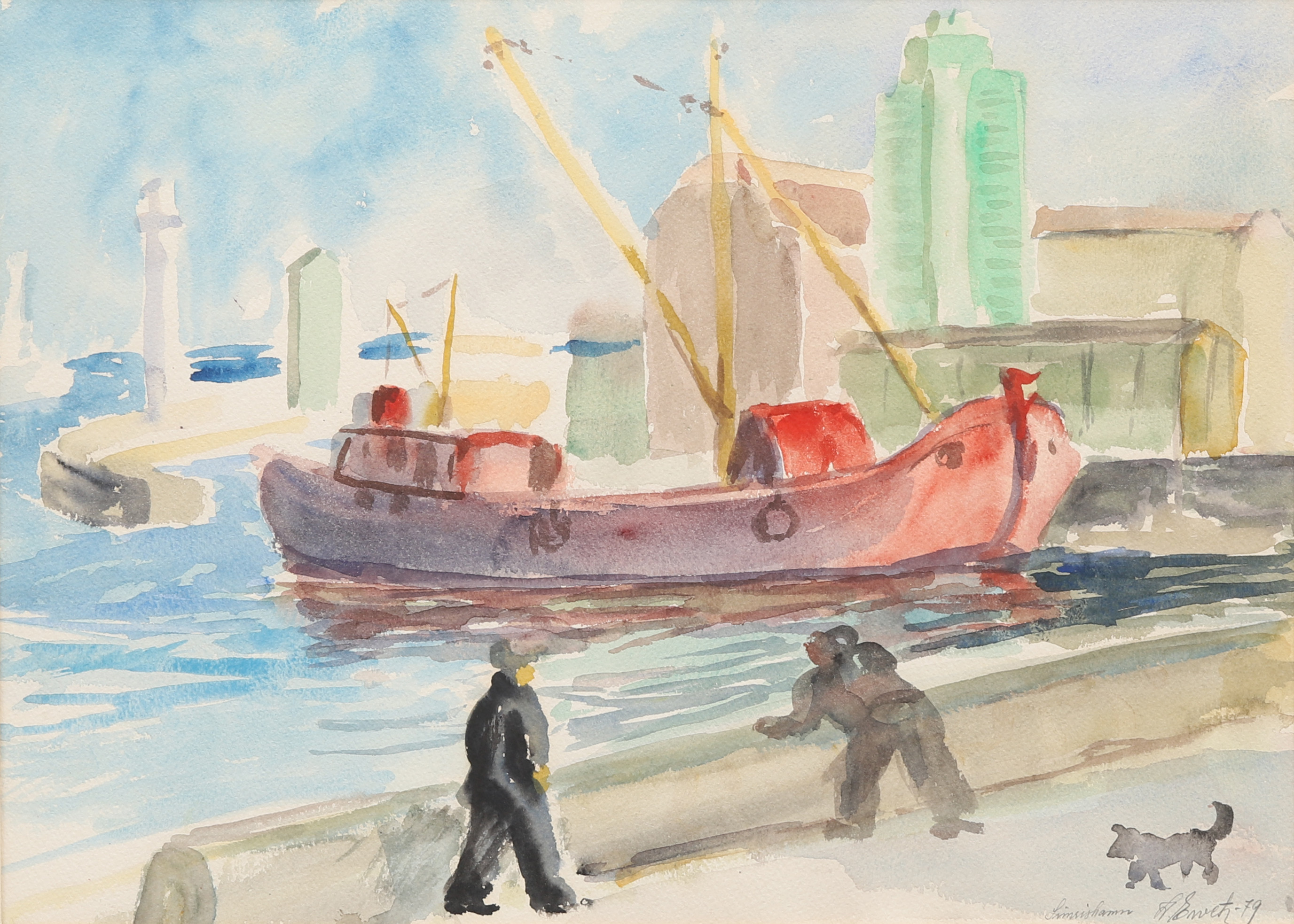 WALDEMAR EWETZ. HAMNEN I SIMRISHAMN, akvarell, signerad och daterad -79.