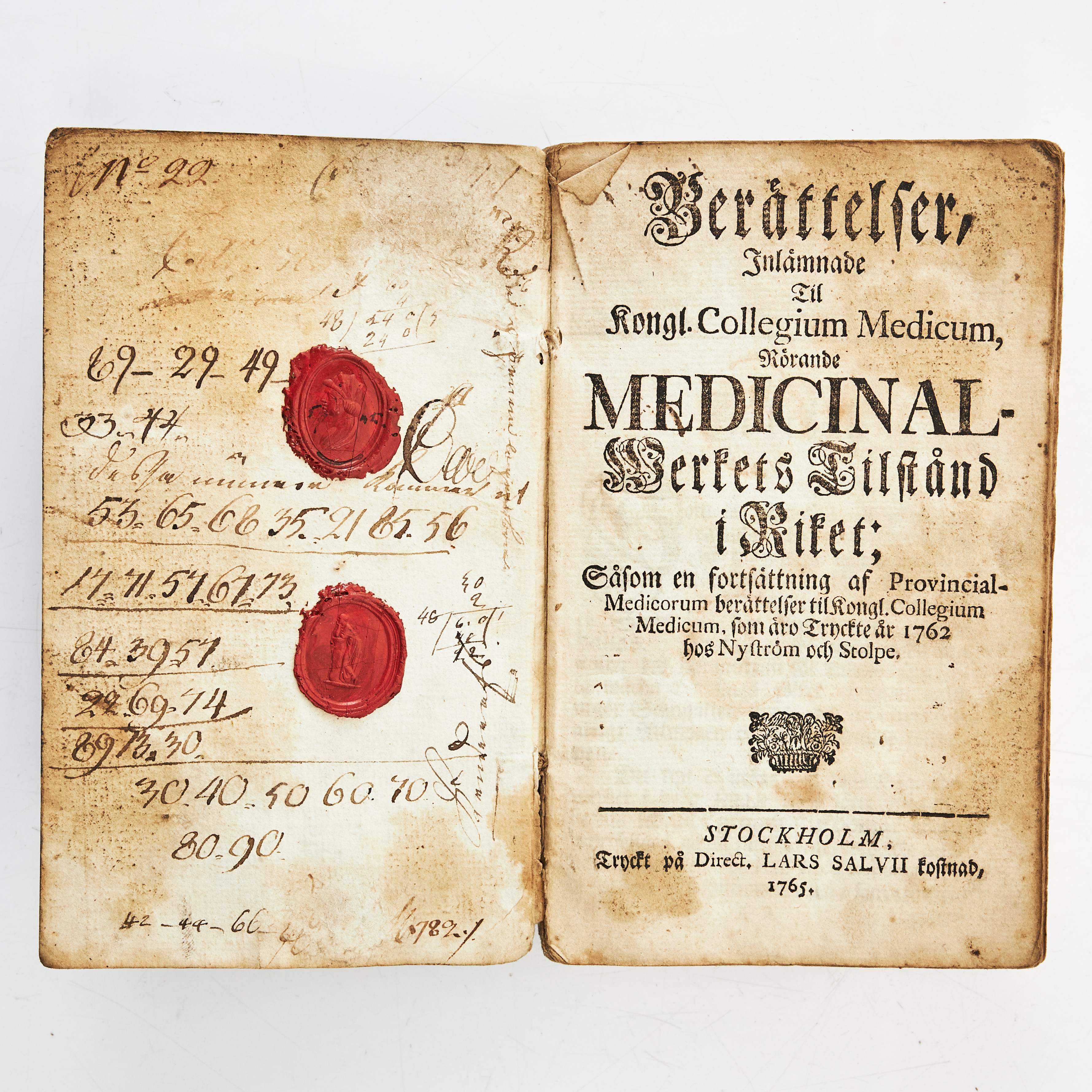 BERÄTTELSER, INLÄMNADE TIL KONGL. COLLEGIUM MEDICUM, 1765.