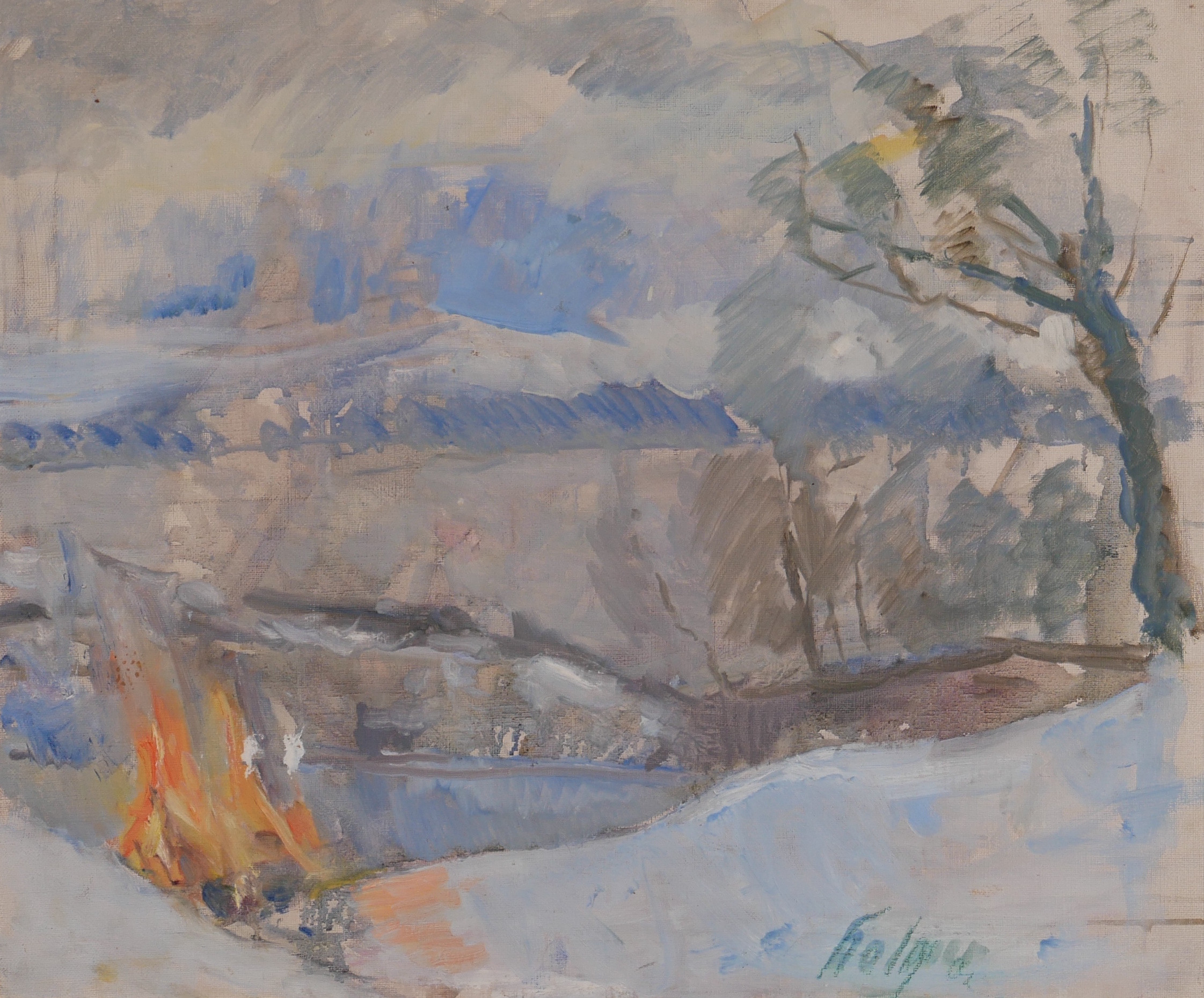 FRITZ HOLMER. Landskap med brasa, olja på duk, signerad Holmer.