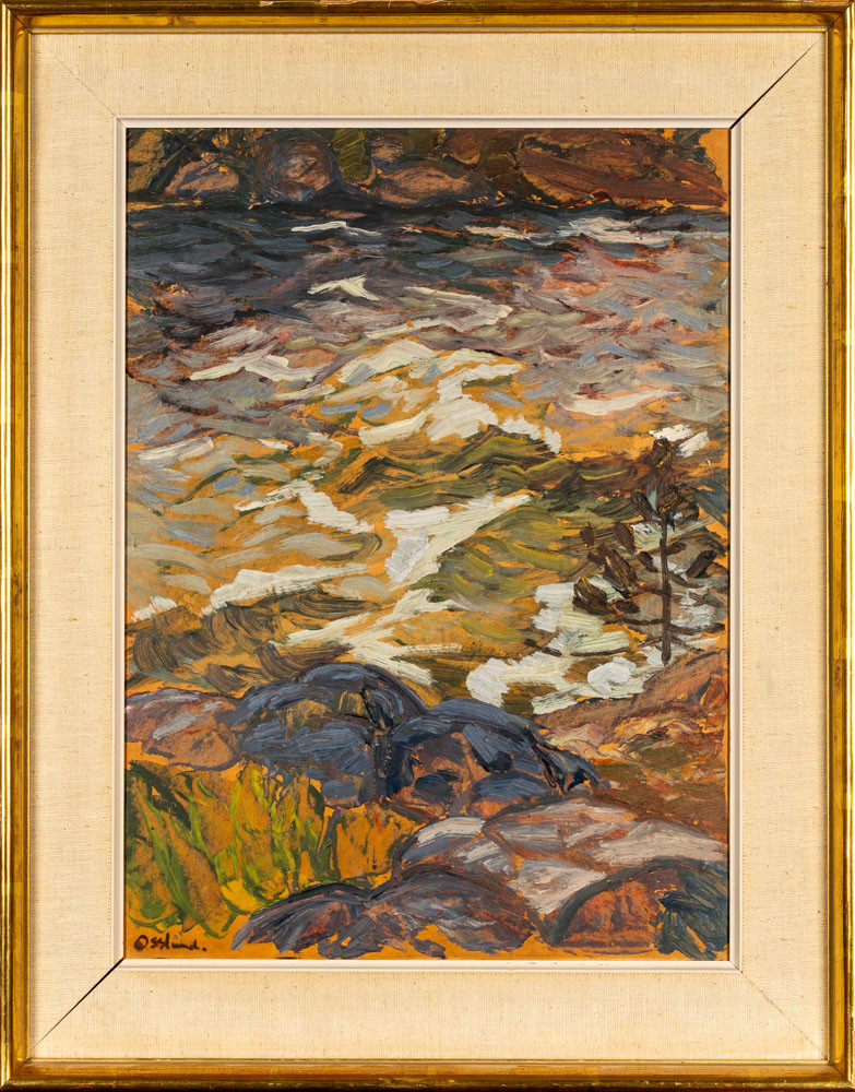 HELMER OSSLUND. Olja på smörpapper, "Faxälven", Signerad.