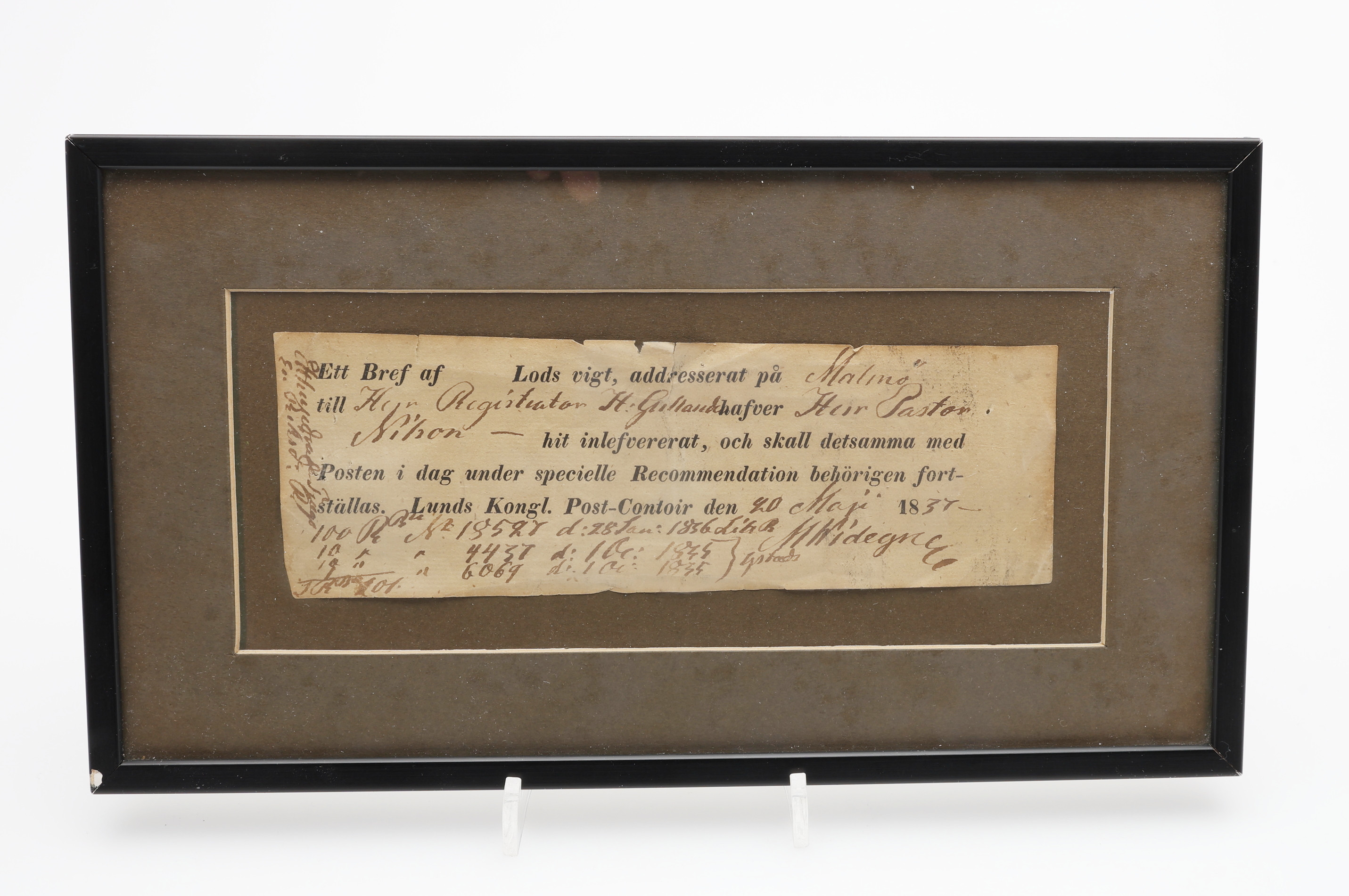 POSTKVITTENS UTFÄRDAD AV LUNDS KUNGLIGA POST-CONTOIR 20 MAJI 1837.