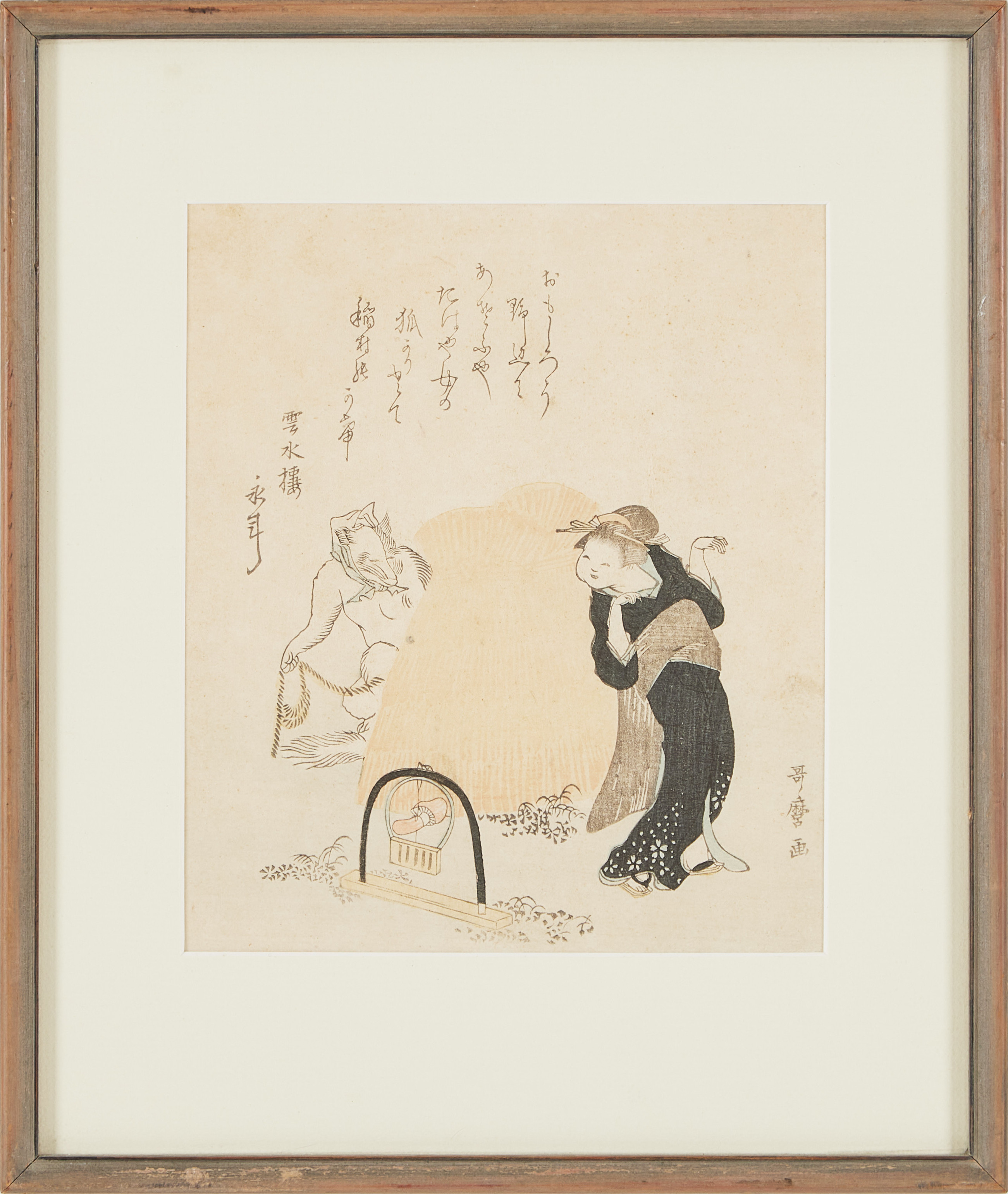 KITAGAWA UTAMARO. EFTER. Räv och kvinna, Surimono, träsnitt, Japan, 1900-tal, kalligrafi.