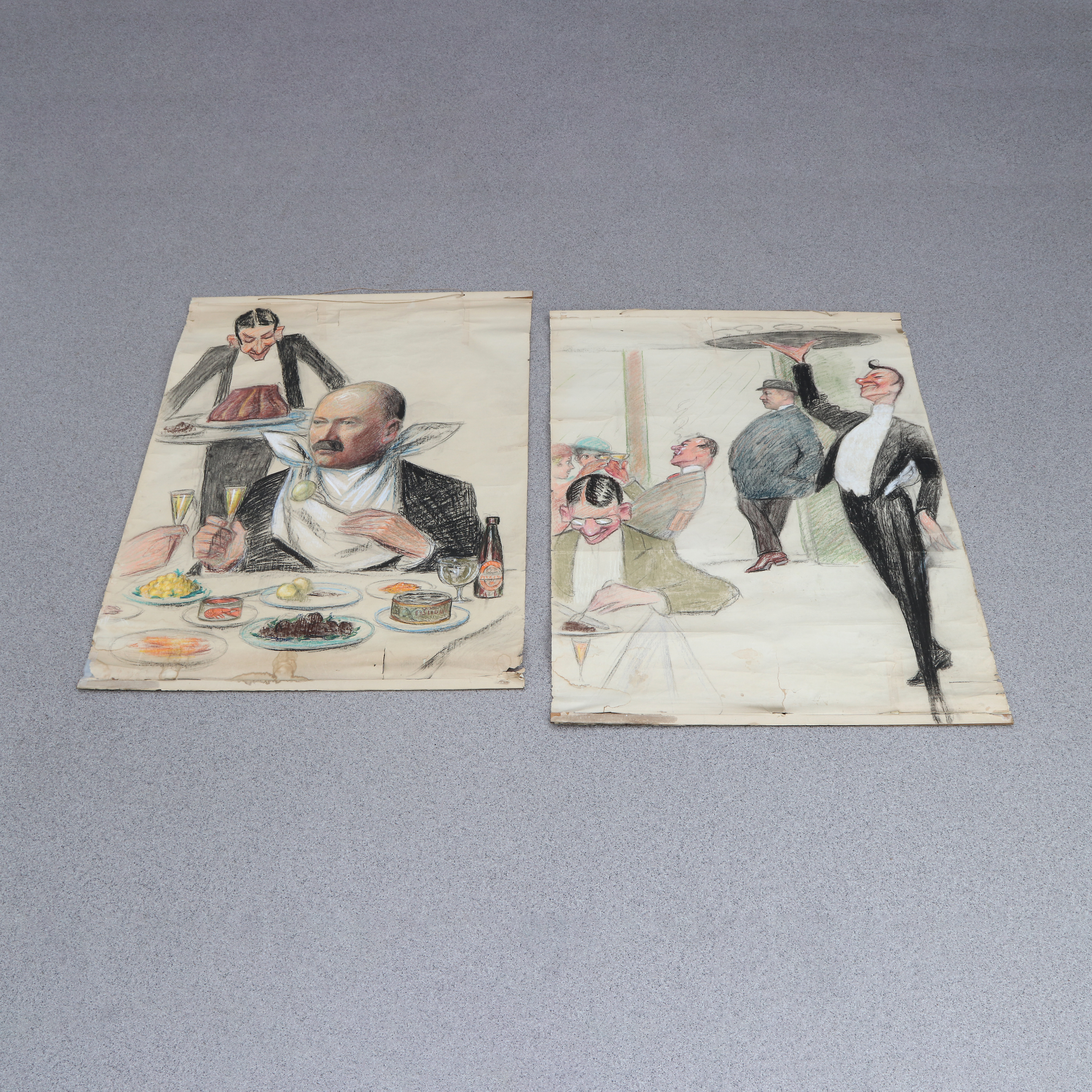 OKÄND KONSTNÄR. Pasteller på papper, två st. Resturanginteriörer med figurer. Osignerade.
