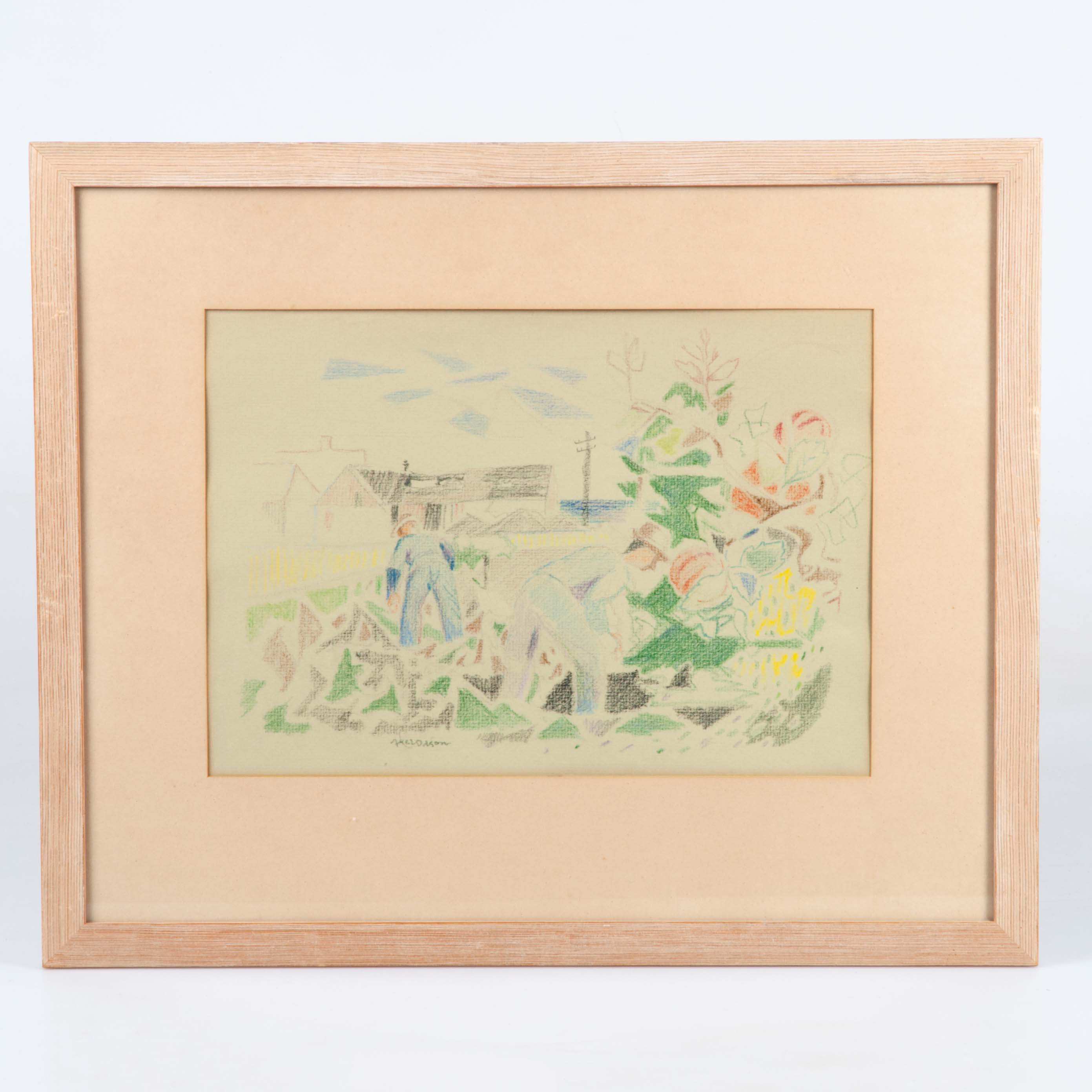 AXEL OLSON. krita/pastell på papper, signerad. "Landskap med figurer".