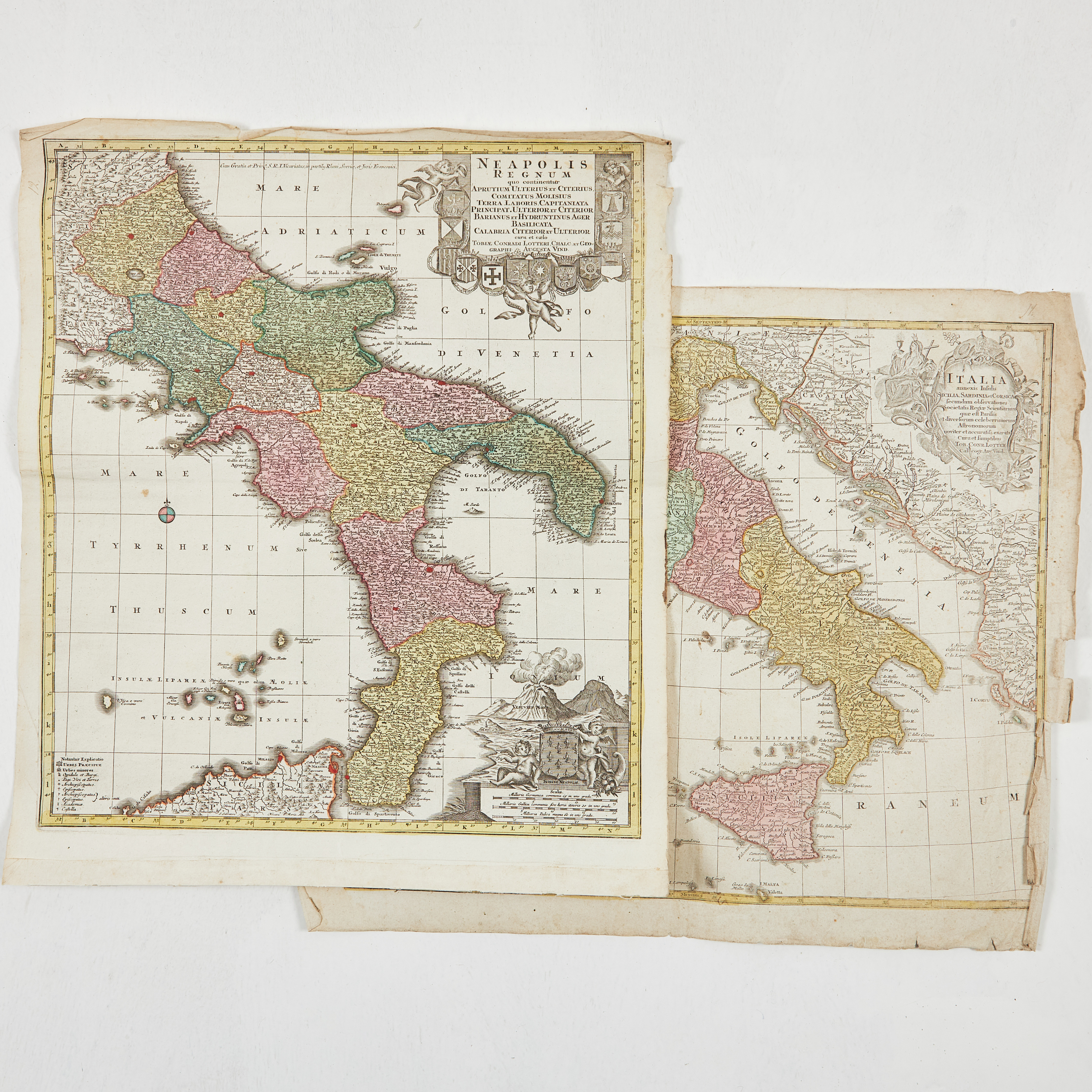 ITALIEN, 2 KARTOR av LOTTER, bl.a. Kungariket Neapel, ca 1760.