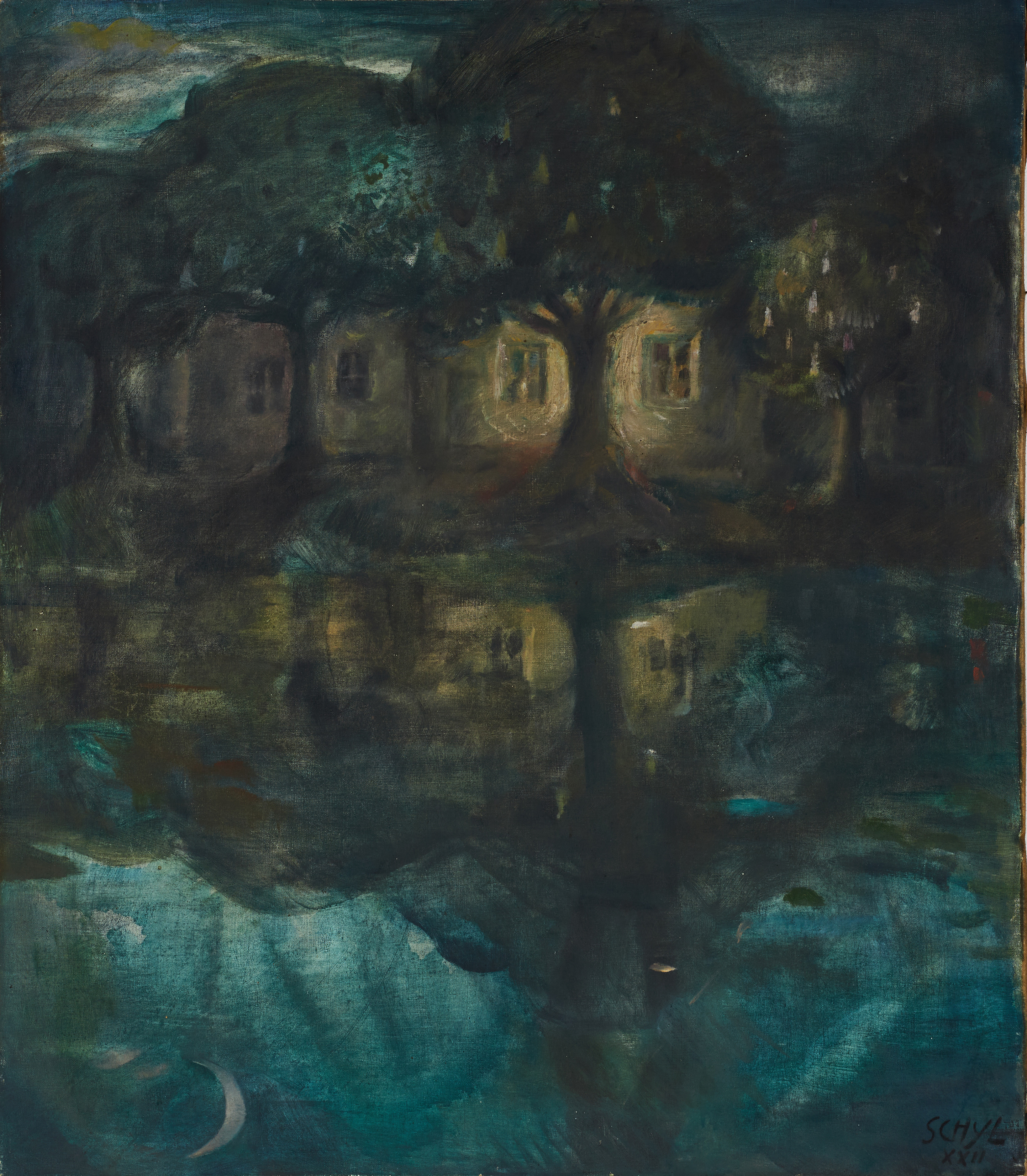 JULES SCHYL (1893-1977). Hus vid sjön i månsken, signerad och daterad XXII (1922), olja på duk.
