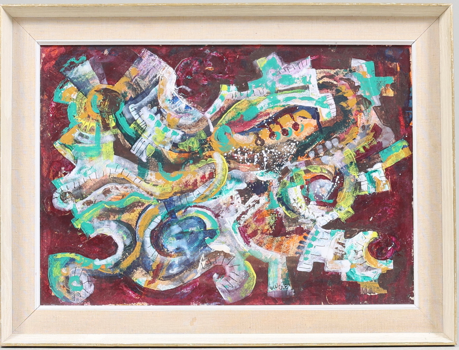 OIDENTIFIERAD KONSTNÄR. Abstrakt motiv, olja på pannå, signerad.