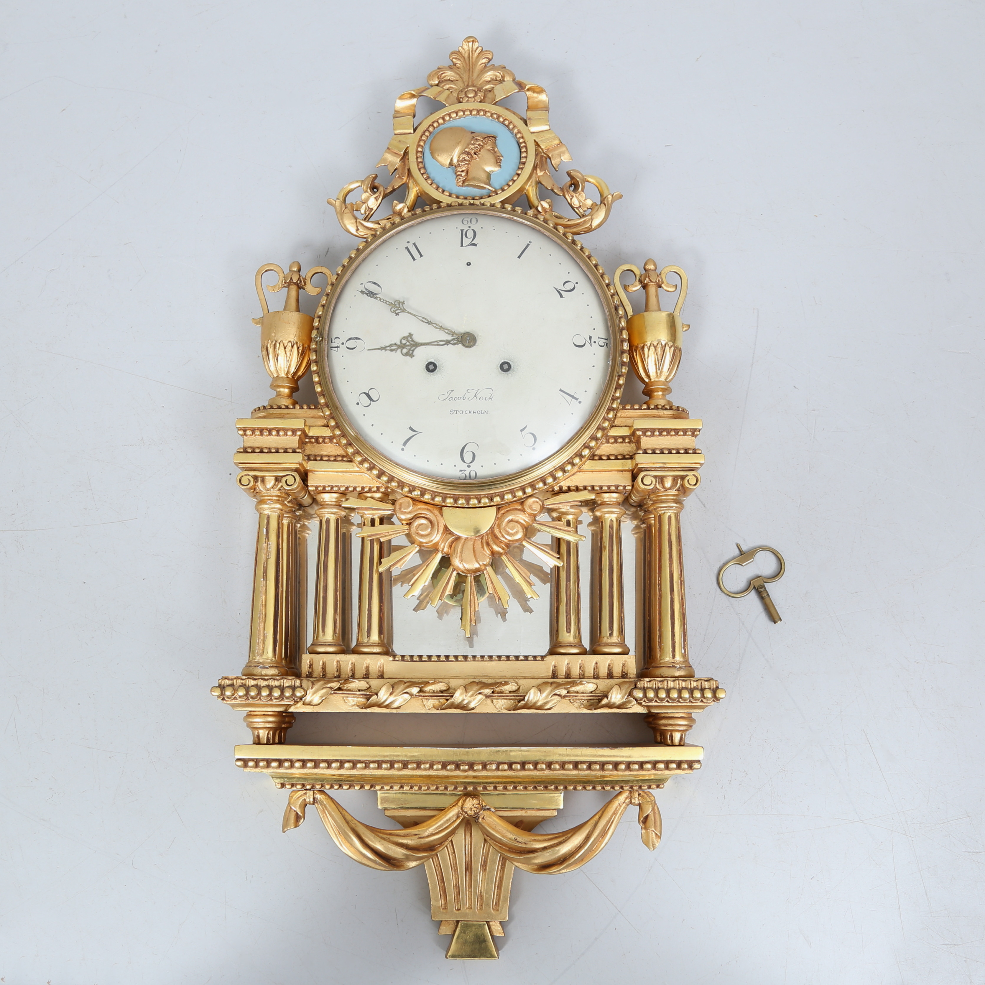 VÄGGPENDYL, sengustaviansk, urtavla märkt "Jacob Kock Stockholm", 1800-tal.