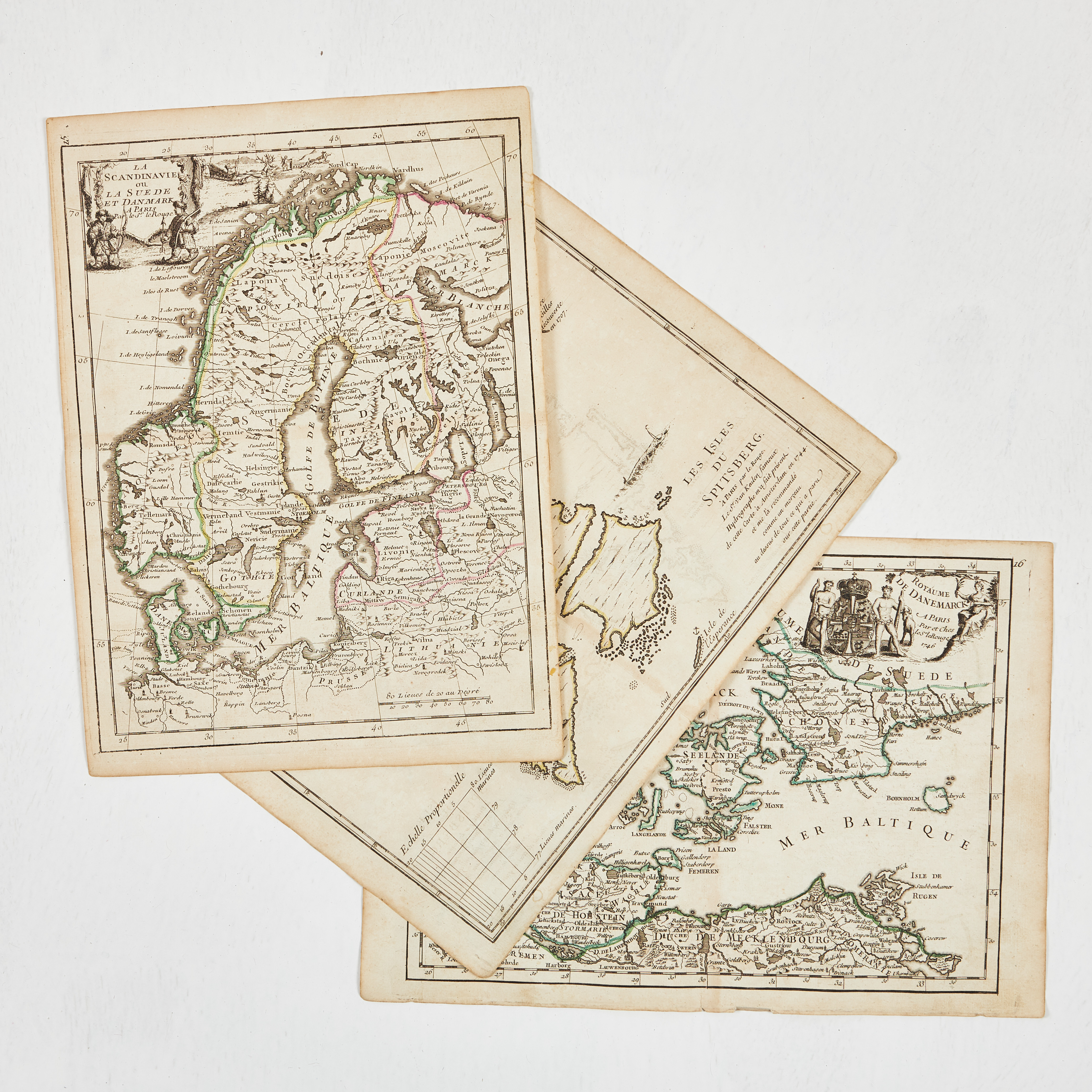 3 MAPS, Scandinavia, Denmark och Spitsbergen, ca 1750, Le Rouge.
