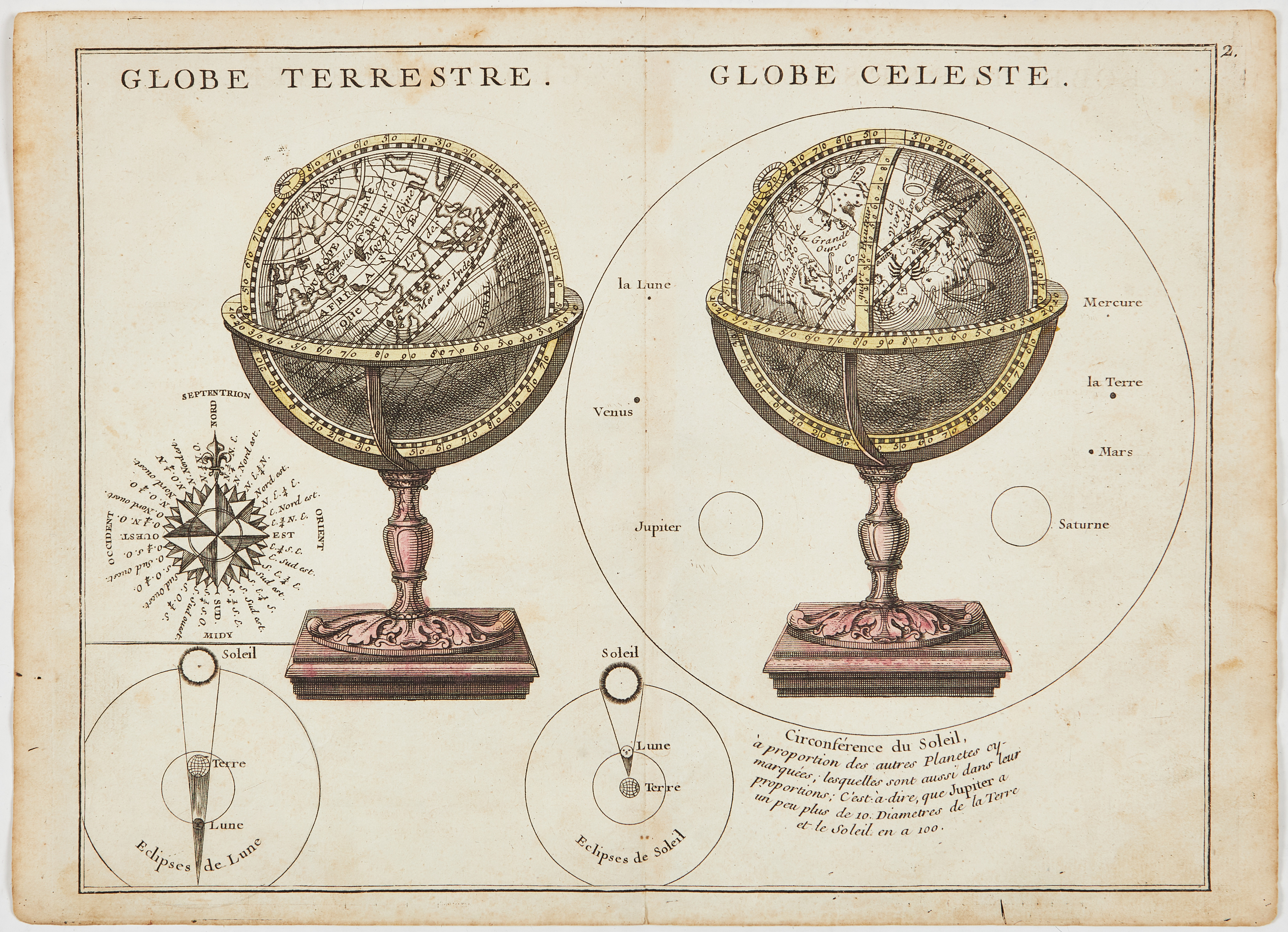 2 MAPS / PLATES ON GLOBES - BY LE ROUGE, C. 1750.