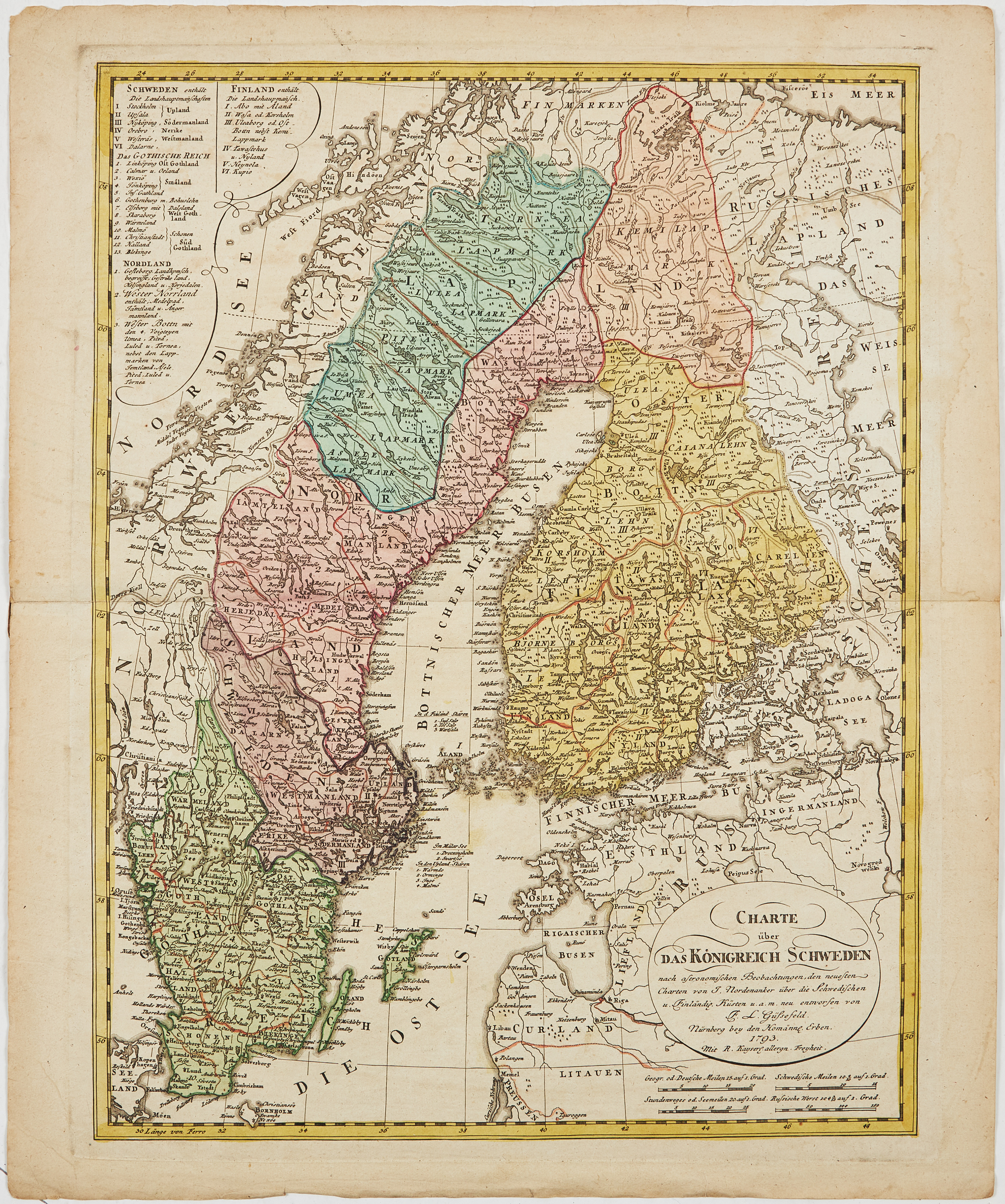 KARTA SVERIGE och FINLAND AV GÜSSEFELD, ca 1790.