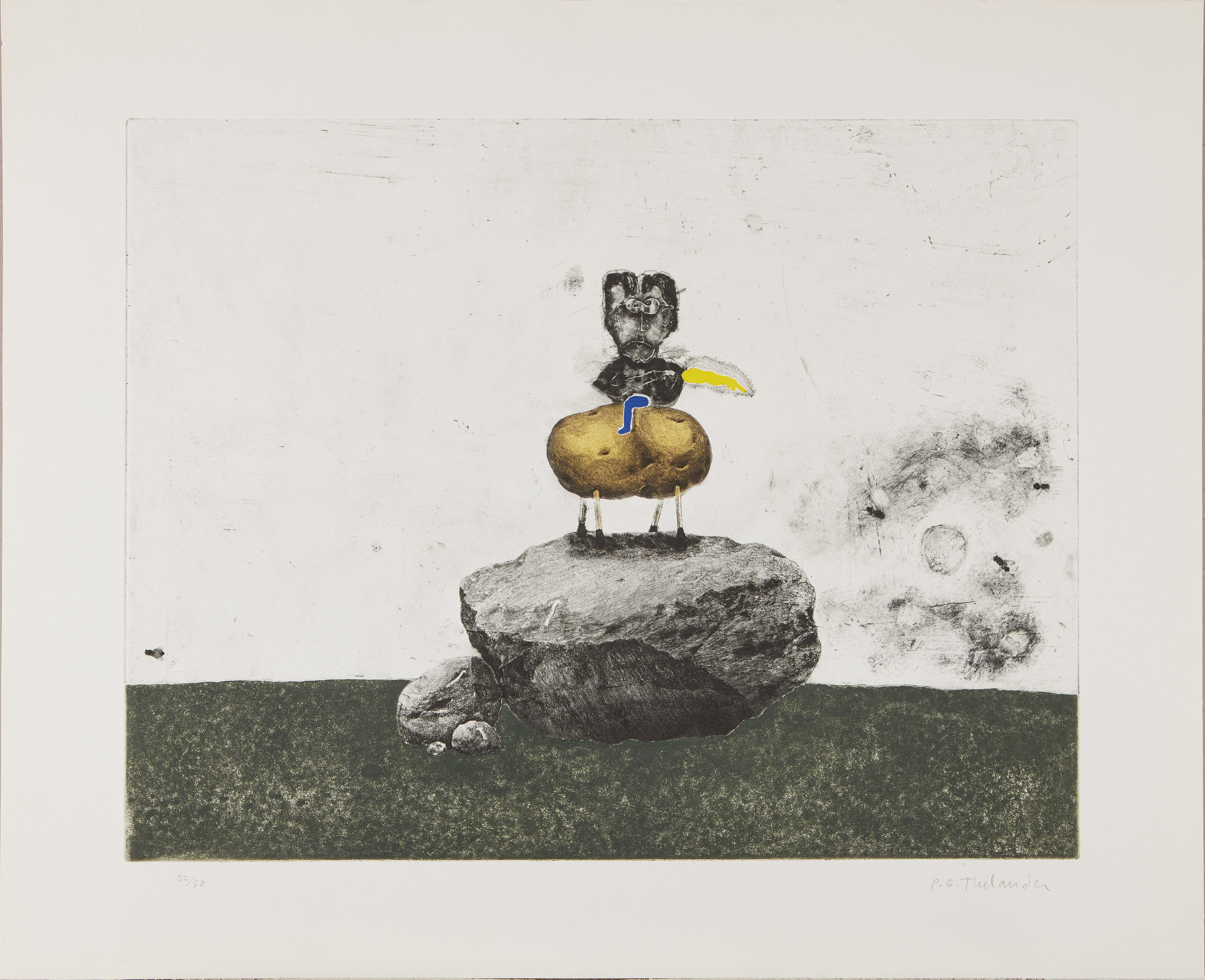 PÄR GUNNAR THELANDER (FÖDD 1936). "Ryttare på sten" (Komposition), färgetsning och utskurna separatinfärgade plåtar, 1973.