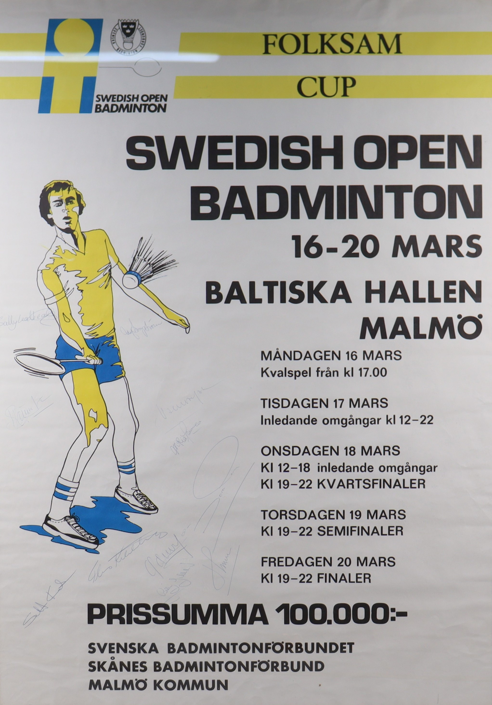 AFFISCH, badminton, Swedish Open 1981, Baltiska Hallen, Malmö med autografer.