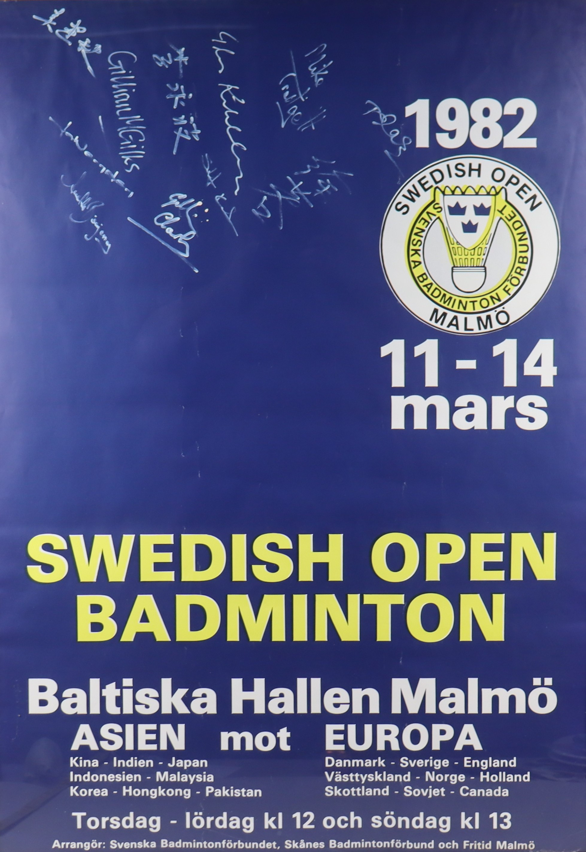 AFFISCH, badminton, Swedish Open 1982, Asien mot Europa, Baltiska Hallen, Malmö, med autografer.