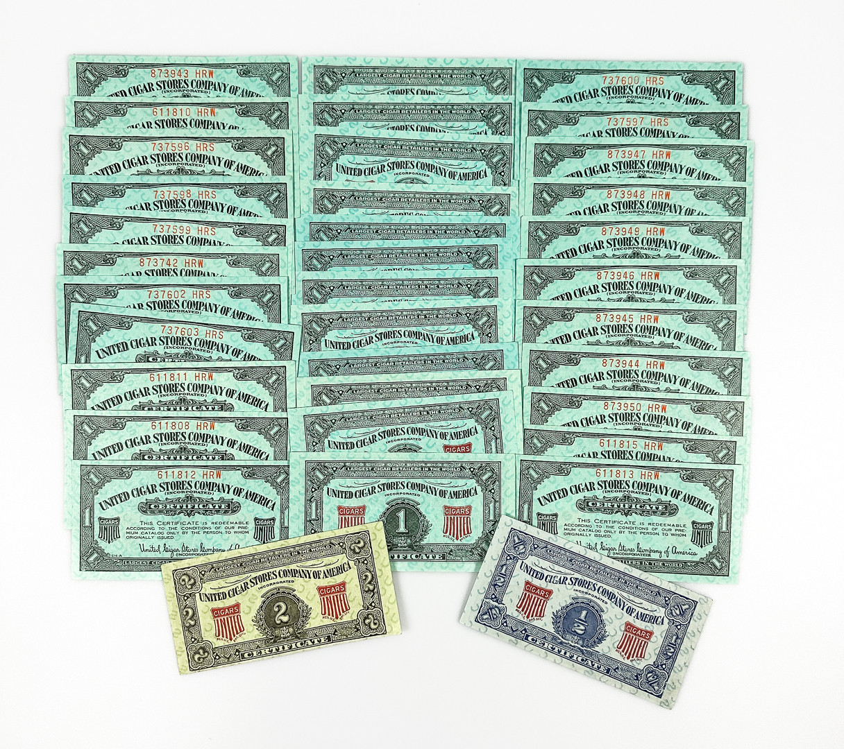 CERTIFIKAT, 36 st, vintage, United Cigar Stores Company, Amerika, tidigt 1900-tal.