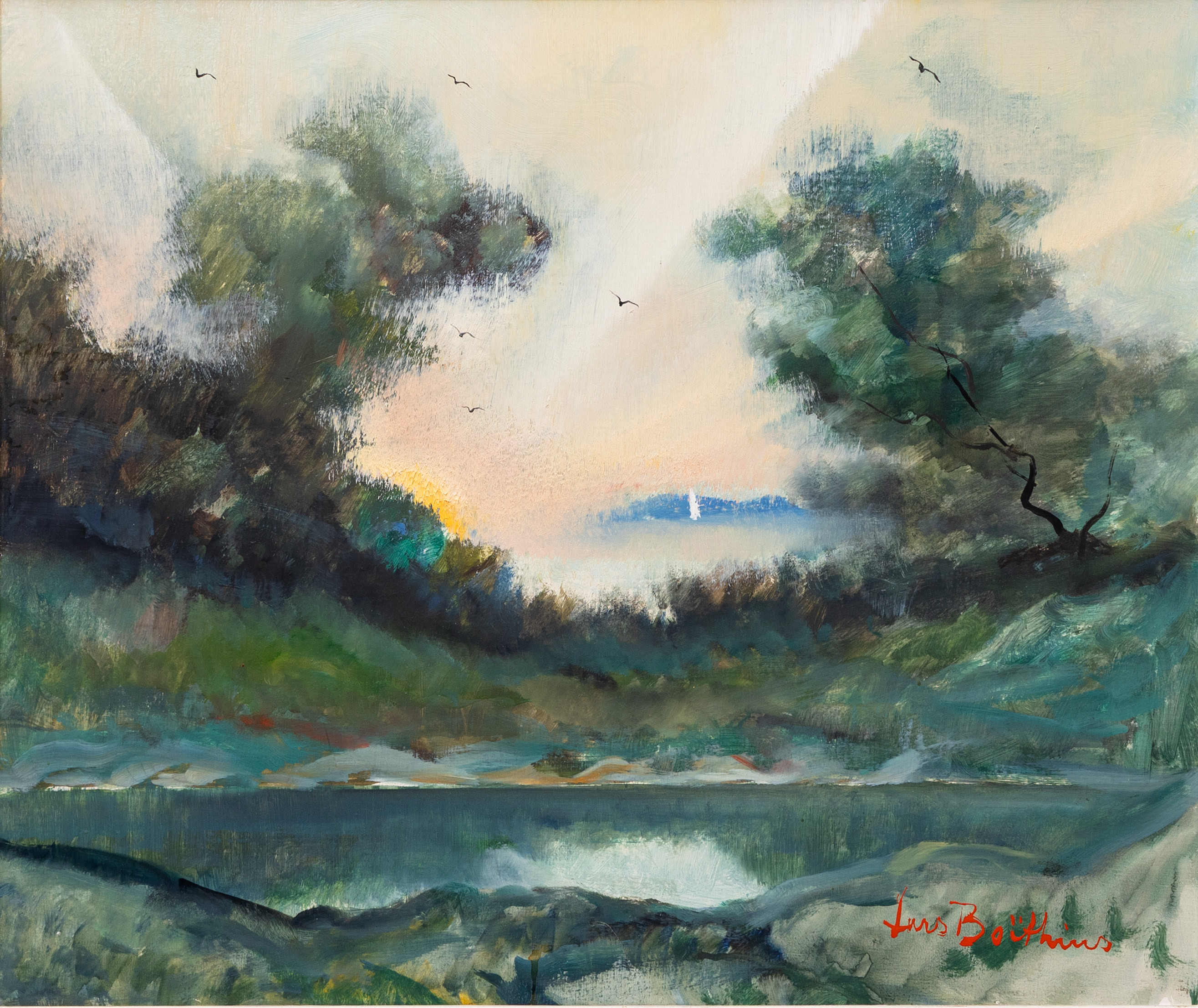 LARS BOËTHIUS. Landskapsmotiv, olja på pannå, signerad.