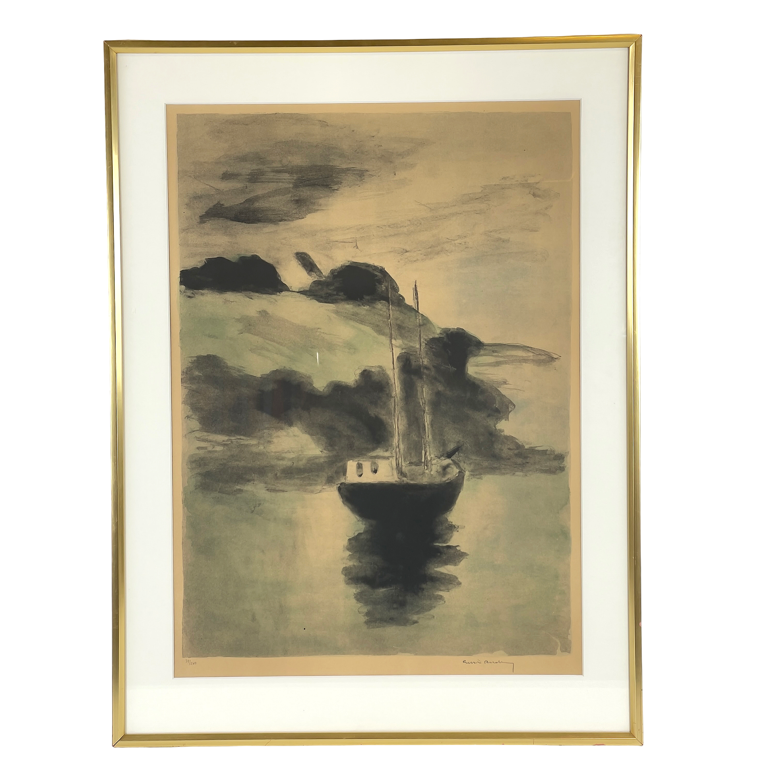 GUSTAV RUDBERG. Skuta vid kust, färglitografi, numrerad 39/250 & signerad.