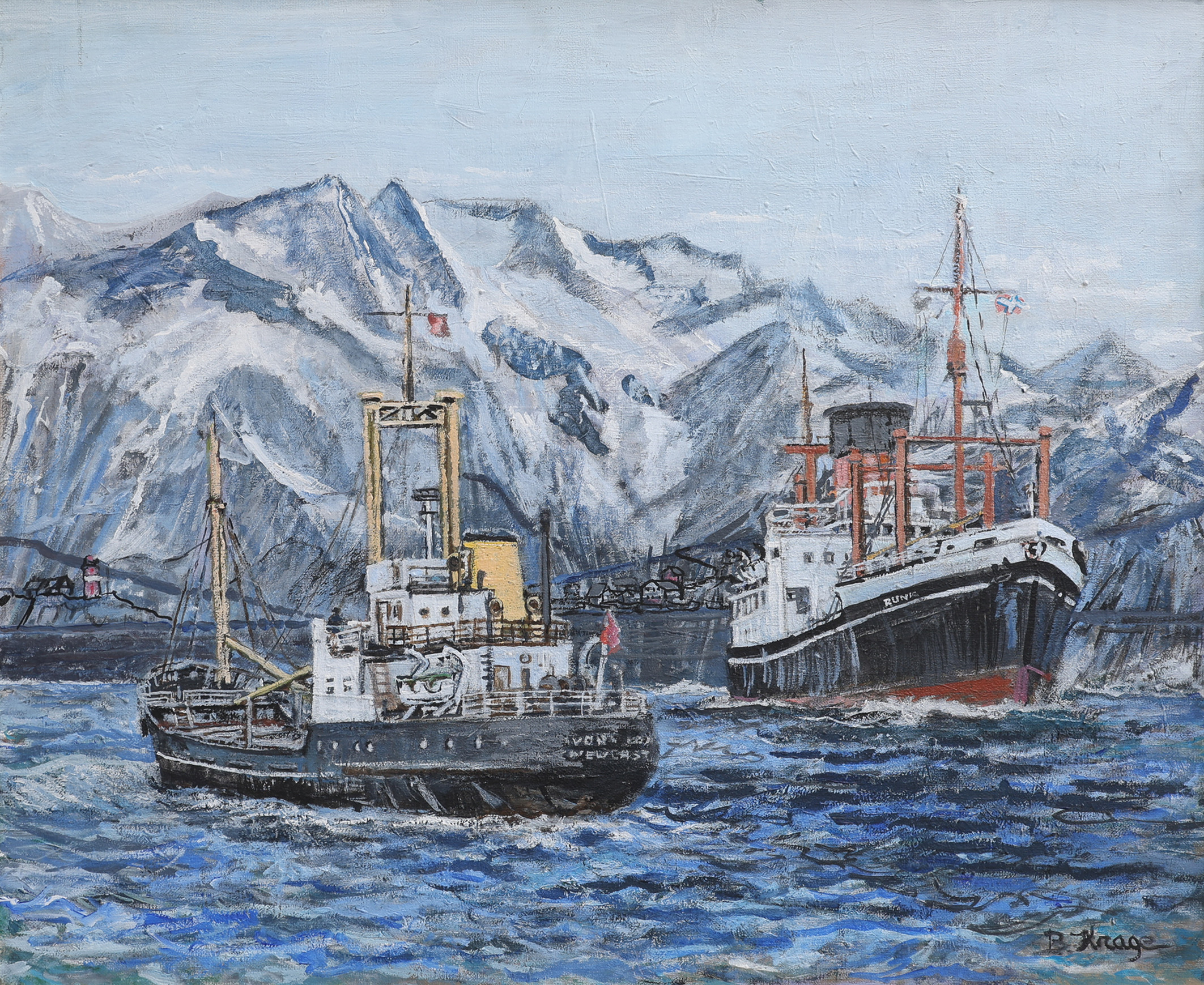 BENDT KRAGE. MOTIV MED BÅTAR OCH BERG.