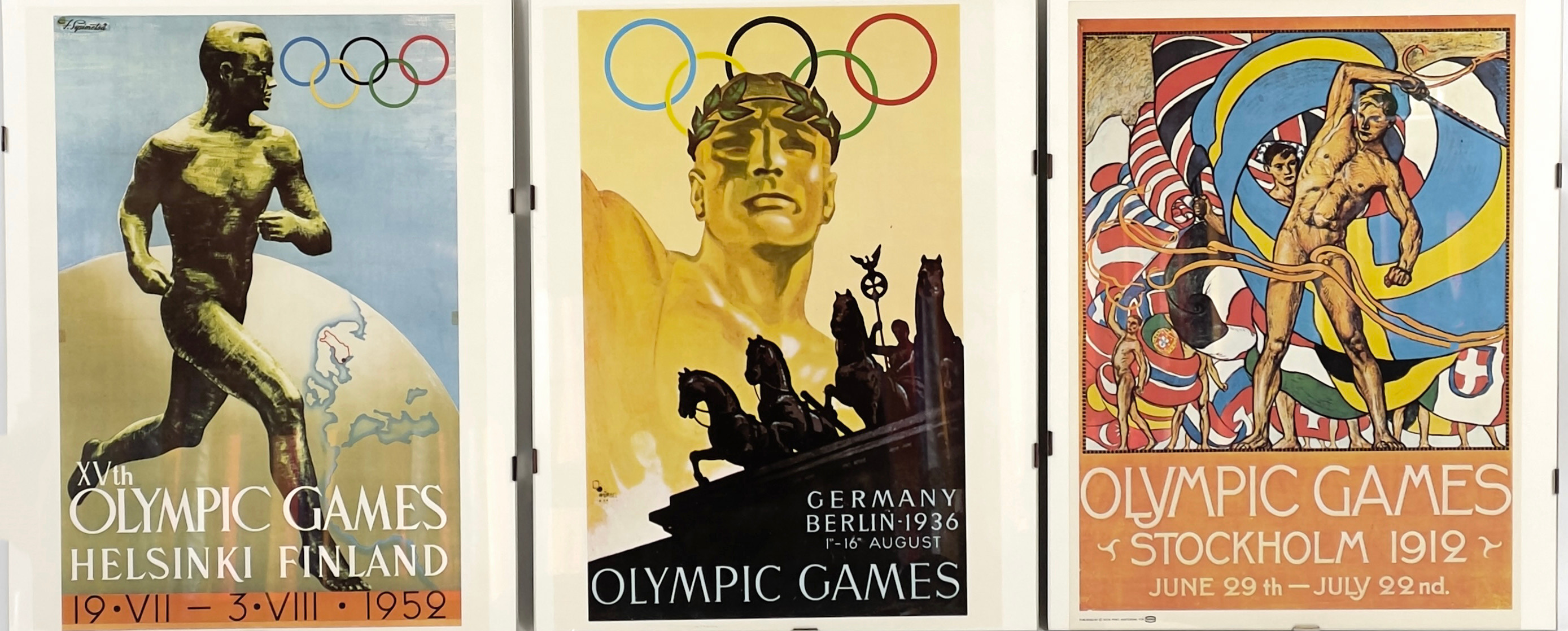 AFFISCHER, 3 st. Offsettryck, Olympiska spelen i Finland, Tyskland samt Stockholm.