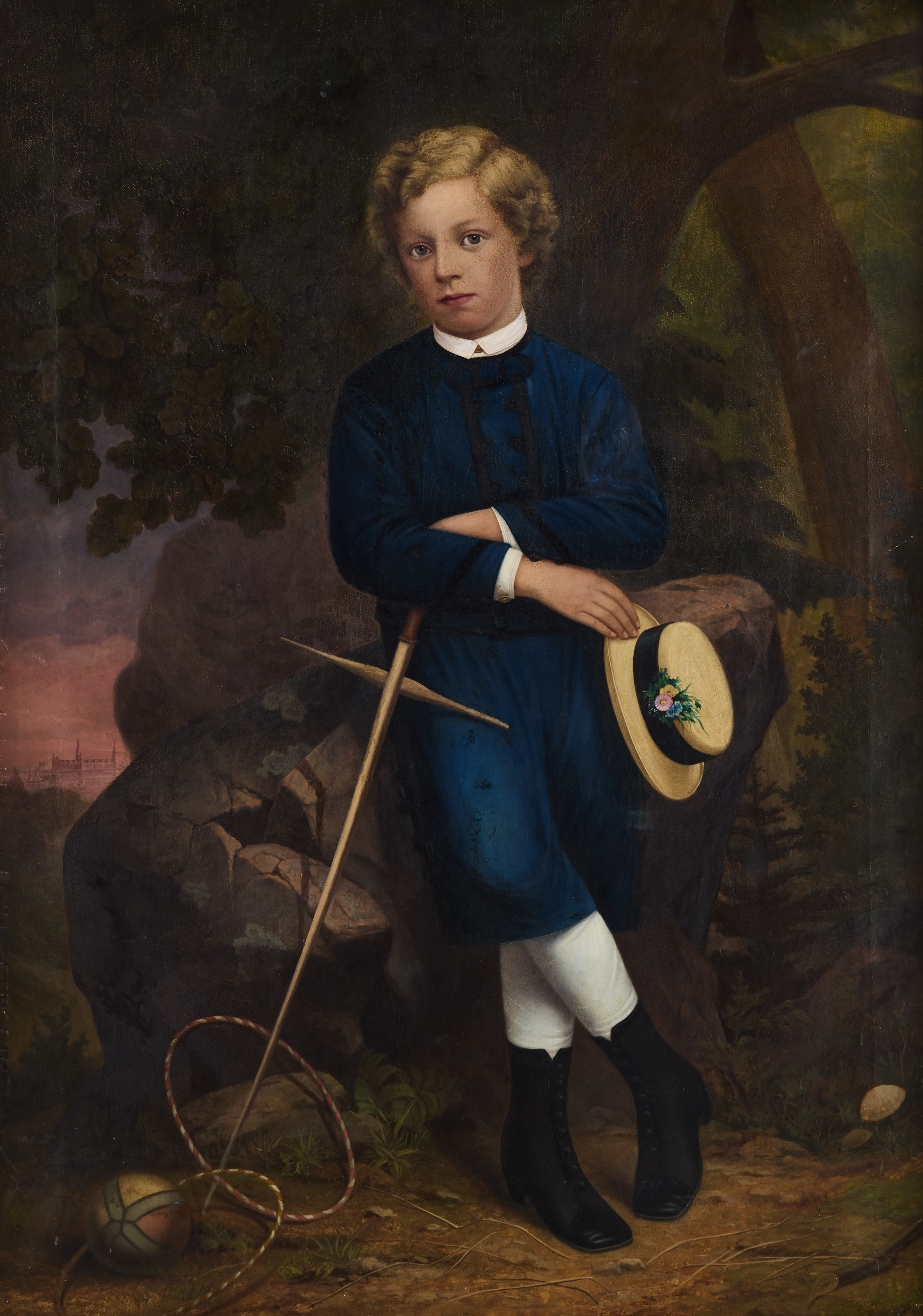 OKÄND KONSTNÄR 1800-TAL. Lekande pojke med Kronborgs slott i bakgrunden.