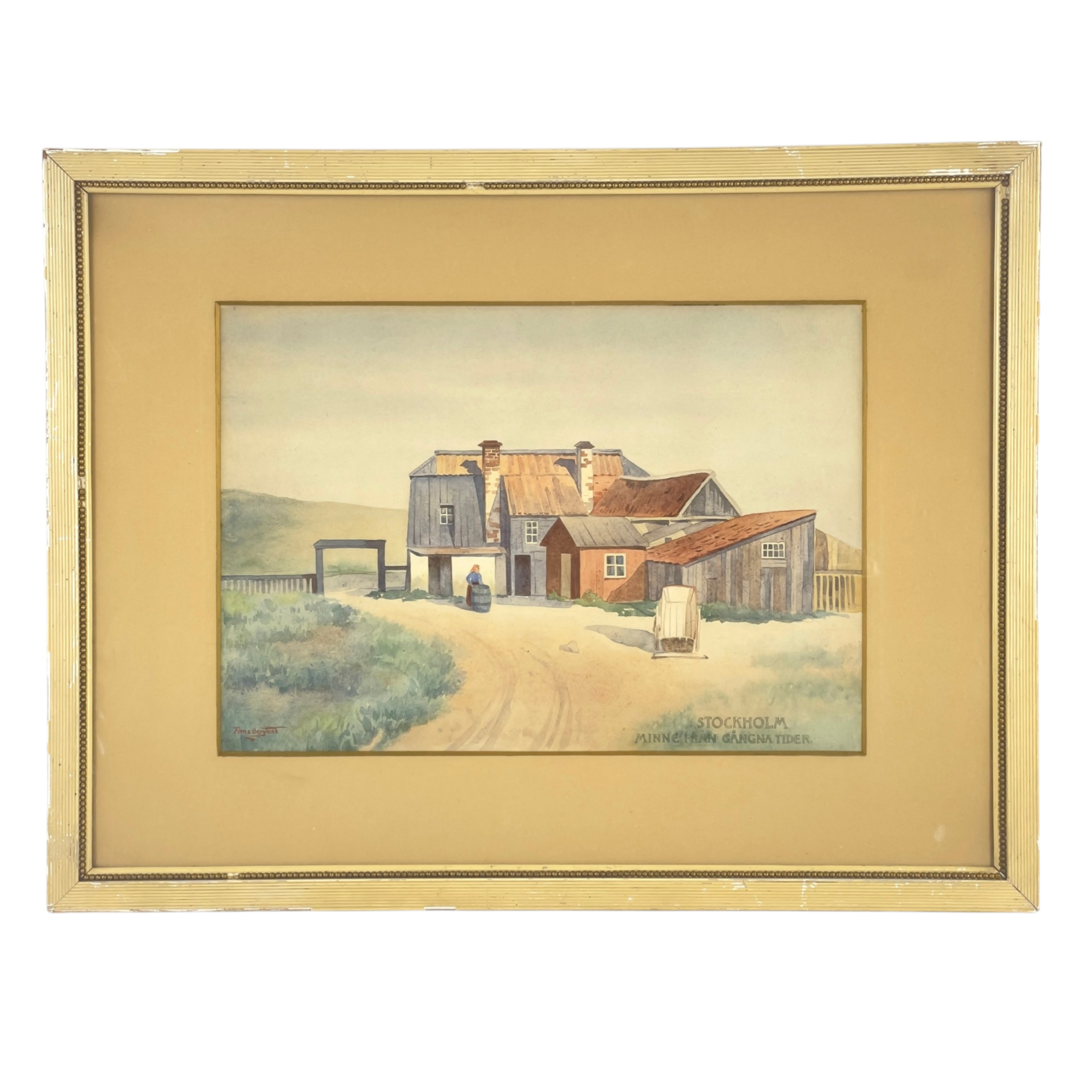 ANNA BERGLUND (1857-1946). Akvarell, "Stockholm, minne från gångna tider", signerad.