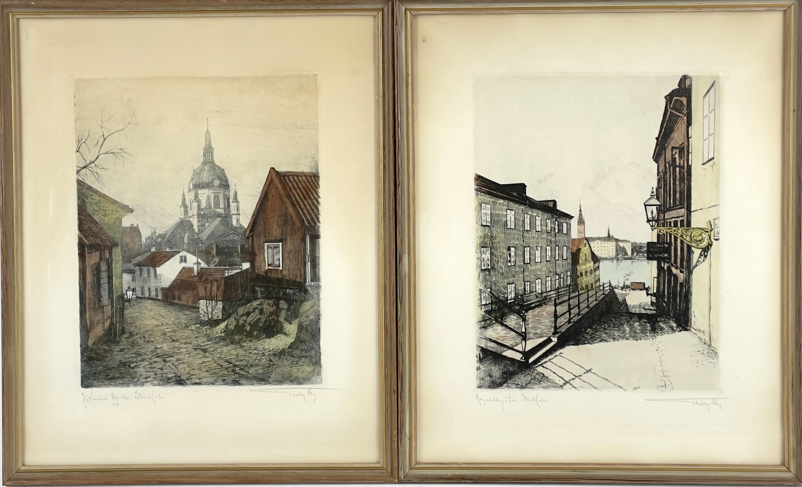 JEAN SKOGLUND. Färgetsningar, 2 st. "Ragvaldsgatan Stockholm", "Katarina kyrka Stockholm", signerade Theddy Skog.