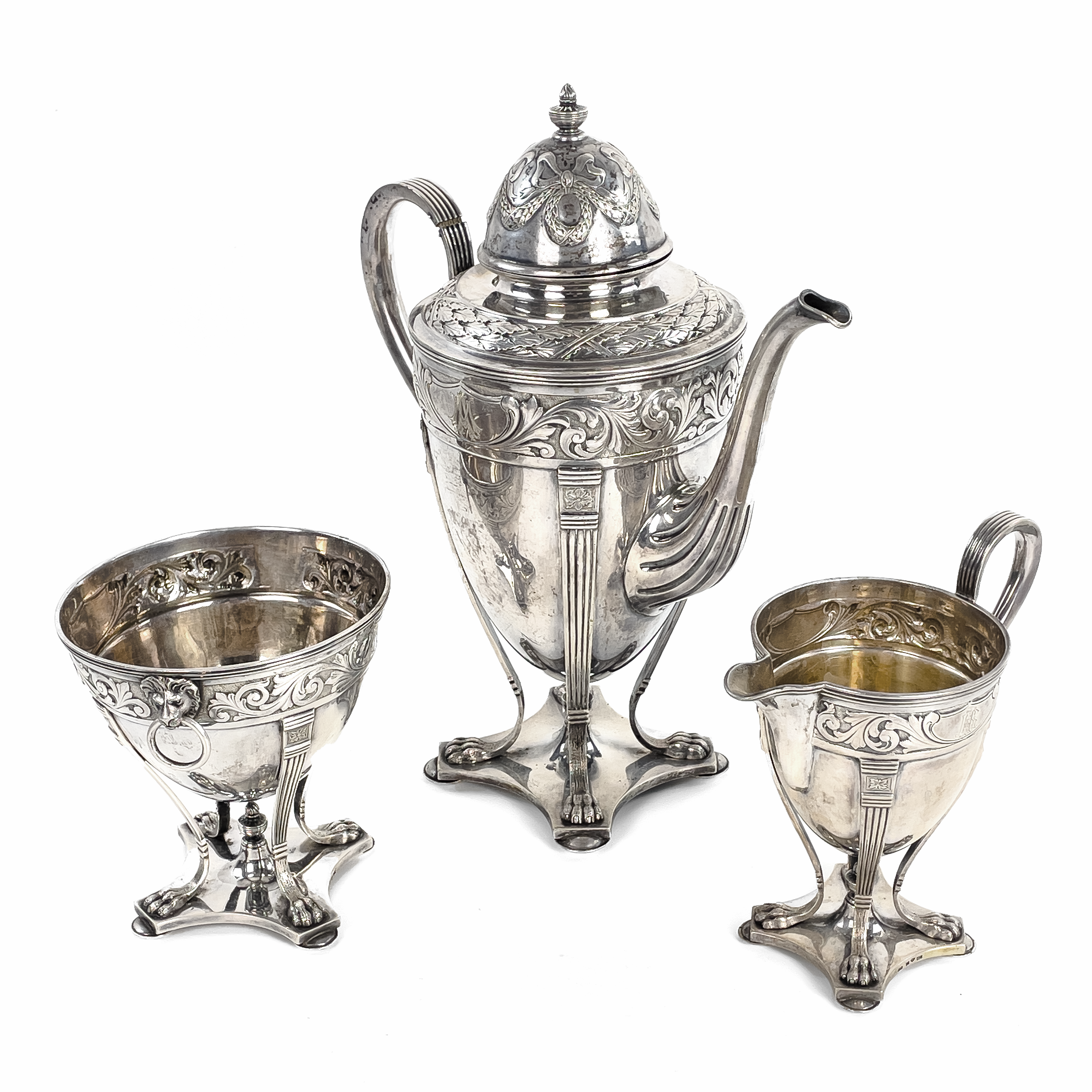 KAFFESERVIS, silver, 3 delar, Emil Oscar Möller, Malmö, gustaviansk stil, 1902. Total vikt ca 1.717 gram.