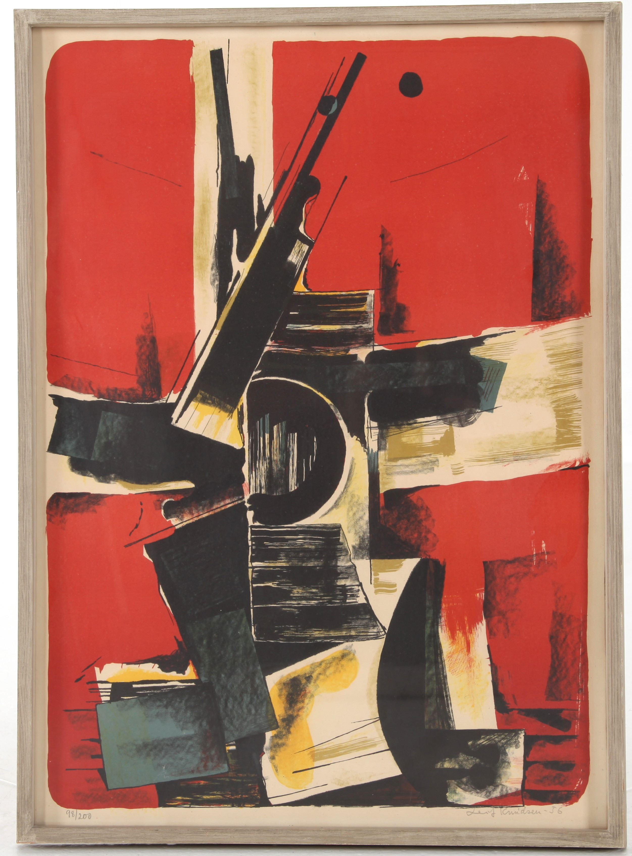 LEIF KNUDSEN (1928–1975). Färglitografi, "Leka med spillror", signerad.