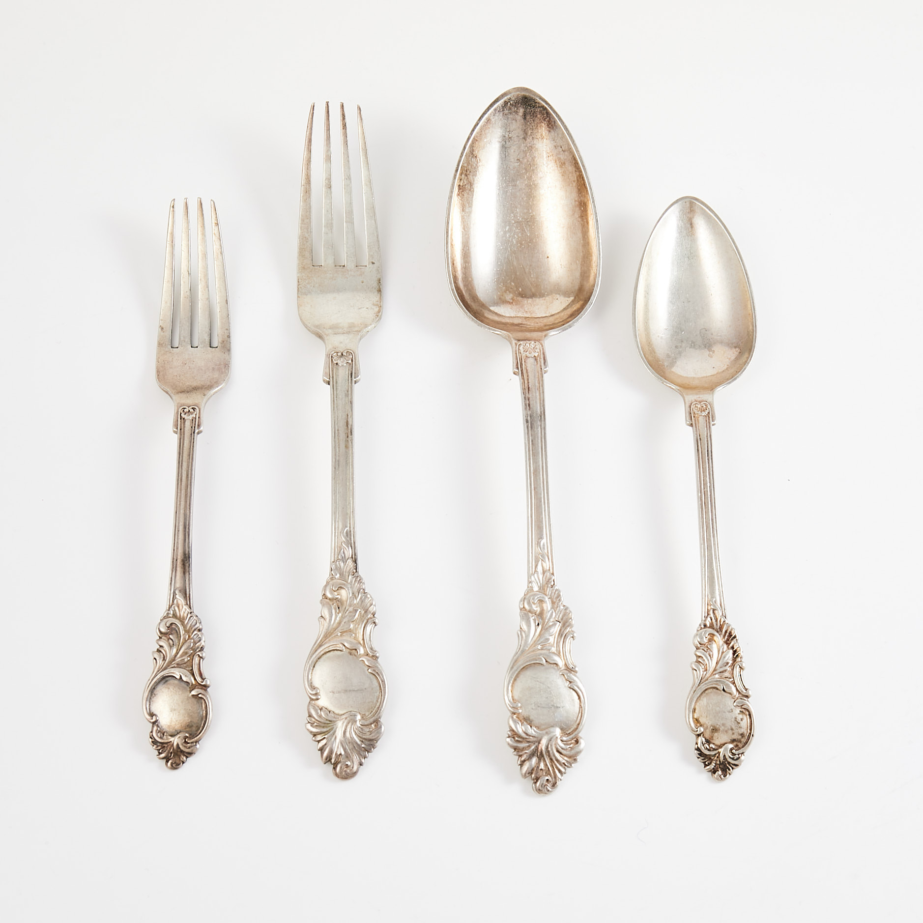 GUSTAF MÖLLENBORG (1798–1853). 4 dlr., silver, 2 skedar, 2 gafflar, Stcokholm 1842/1943.