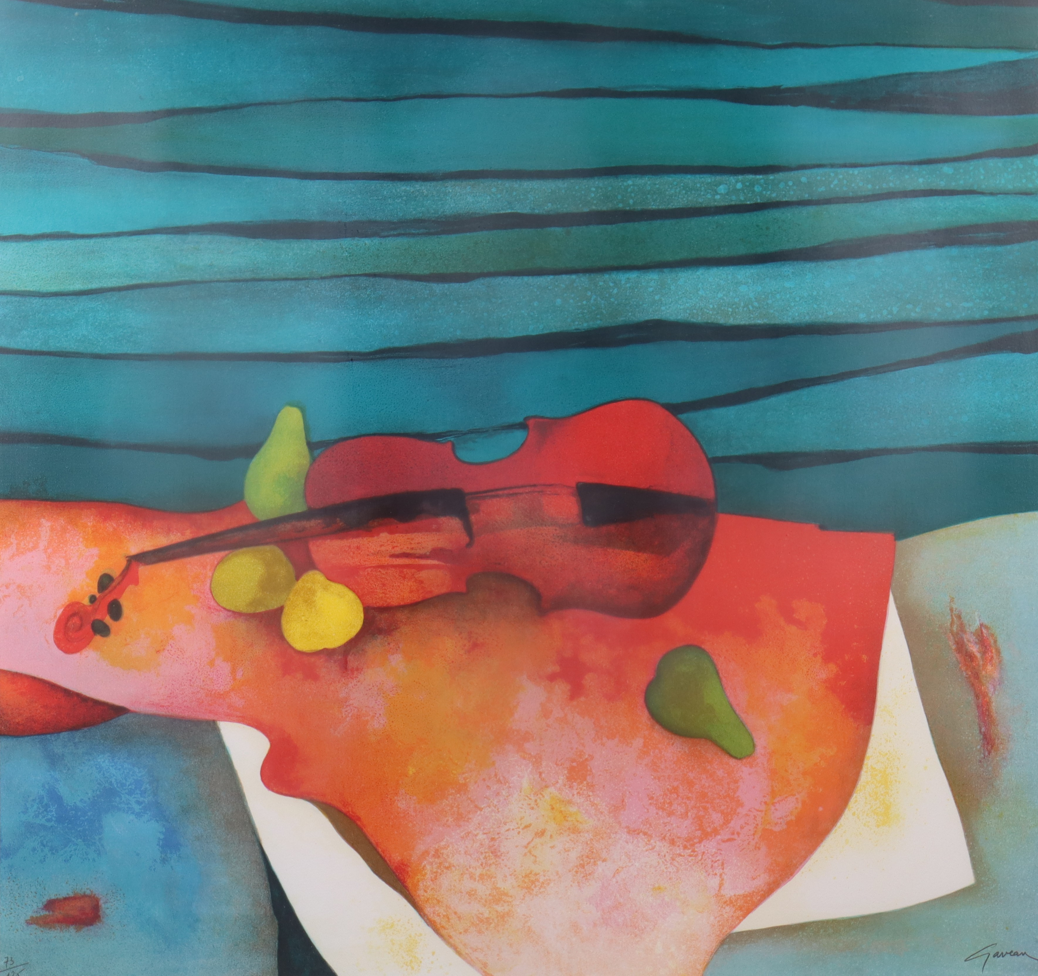 CLAUDE GAVEAU. färglitograf, stilleben med fiol.