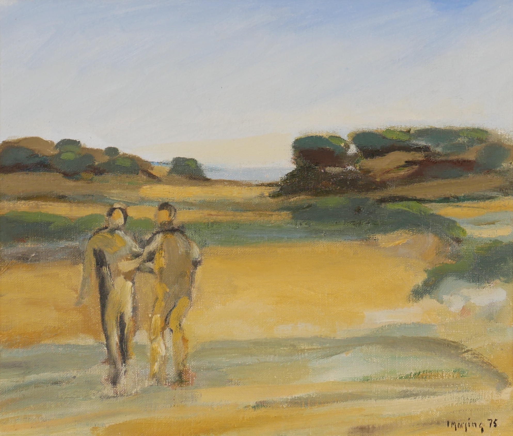 IVAR MORSING. "Promenad över fälten", olja på pannå, signerad I. Morsing 75.