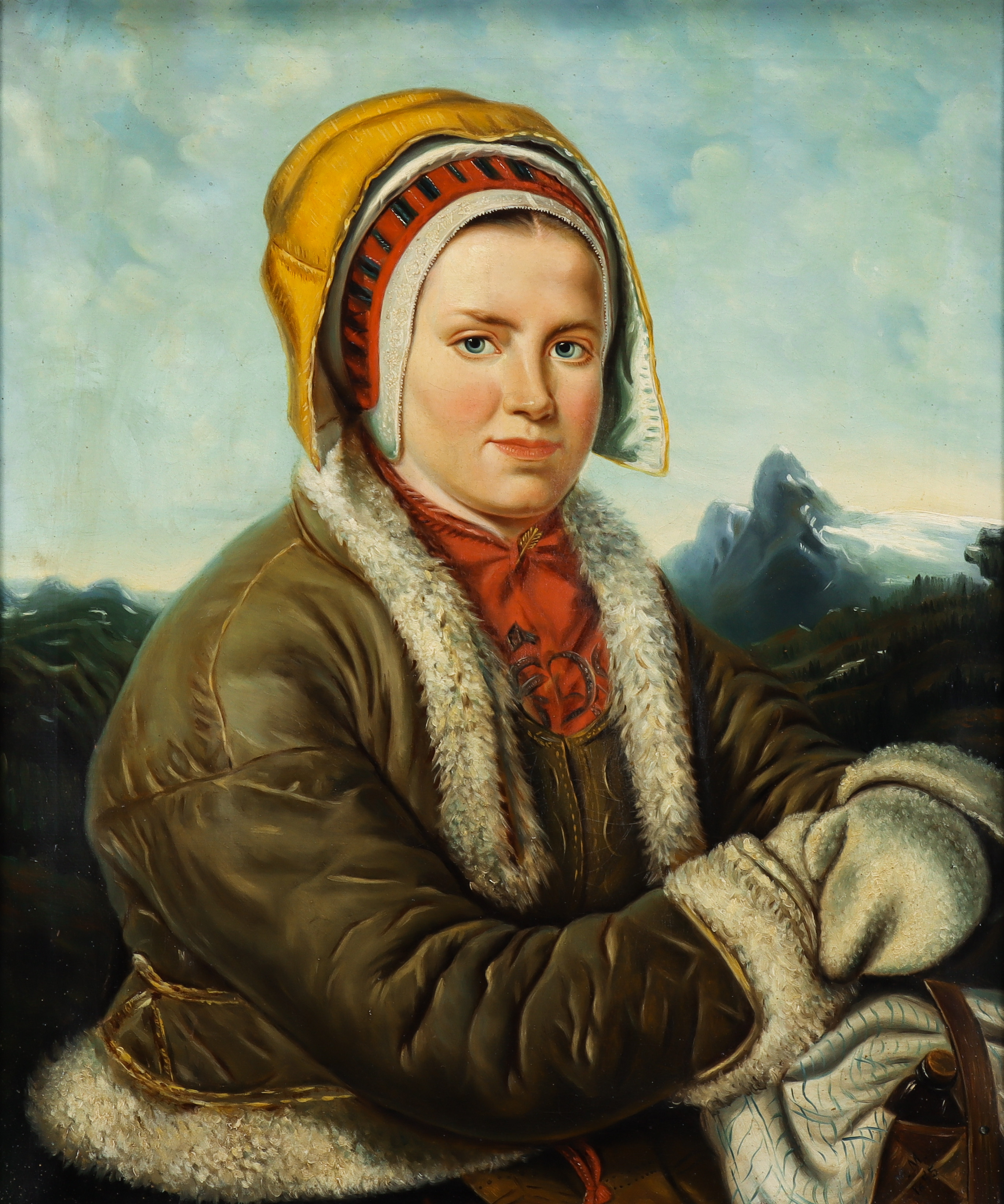 OIDENTIFIERAD KONSTNÄR. Porträtt av flicka i traditionell dräkt mot bergslandskap, monogramsignerad MM, daterad 1855.