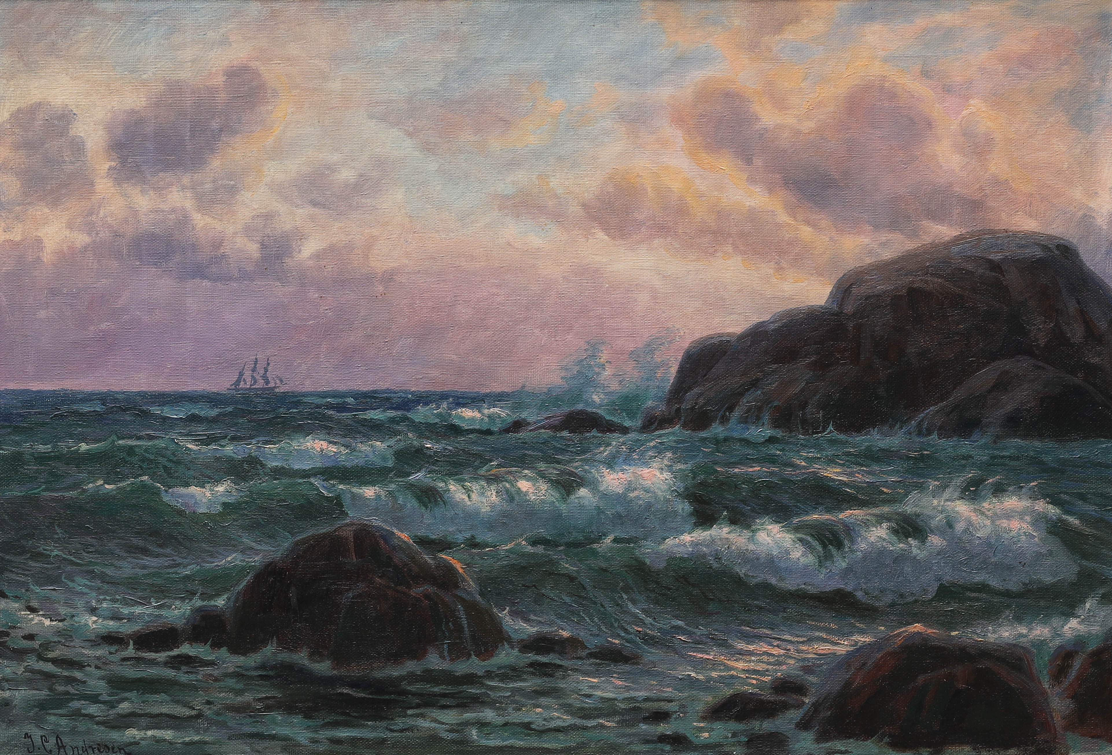 JENS CHRISTIAN ANDRESEN. olja på duk, kustmotiv i solnedgång, signerad J C Andresen.
