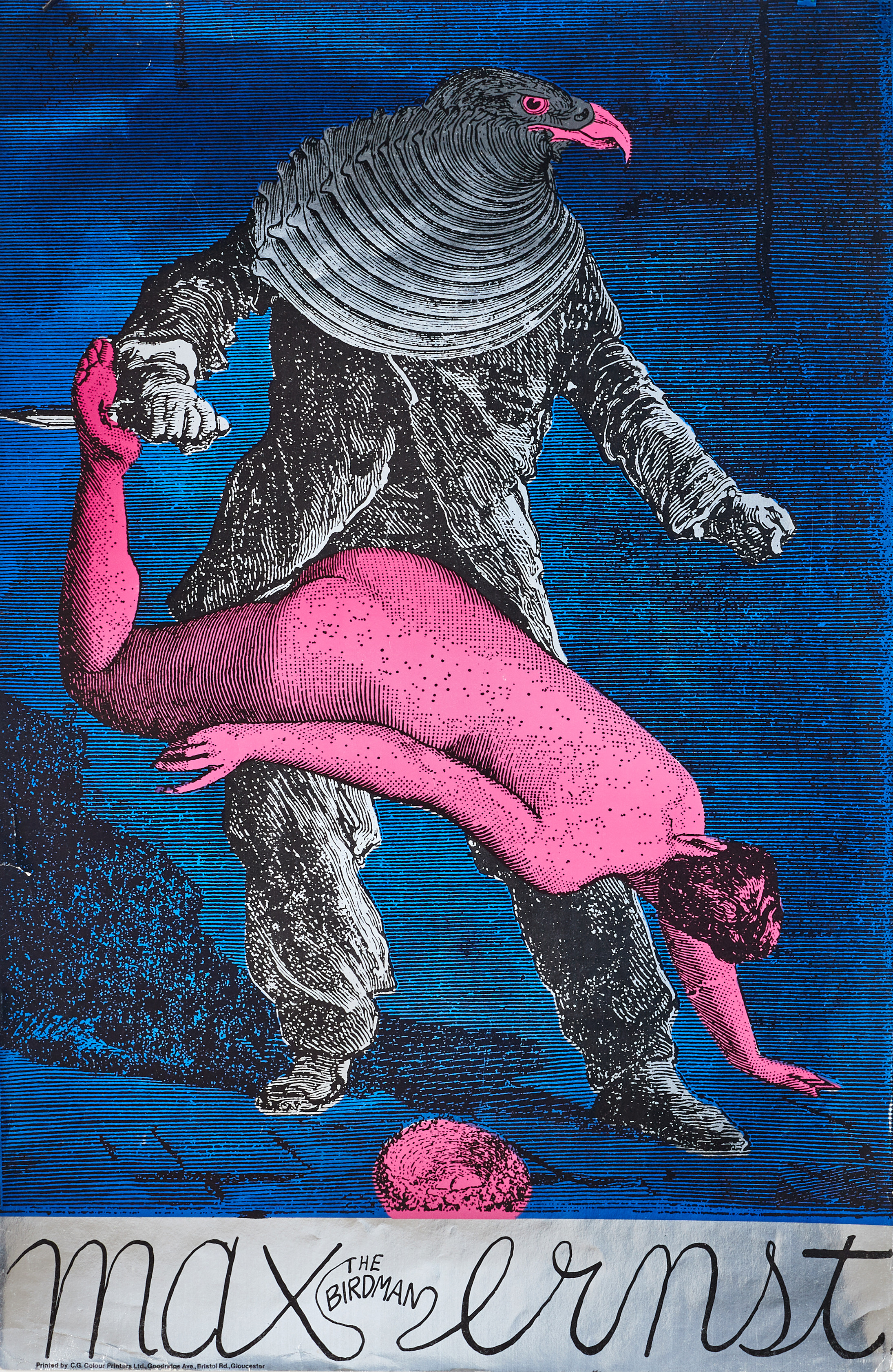 MARTIN SHARP ( AUSTRALIEN 1942-2013). Max "The Birdman" Ernst, 1967, affisch, screenprint på silver foil papper.