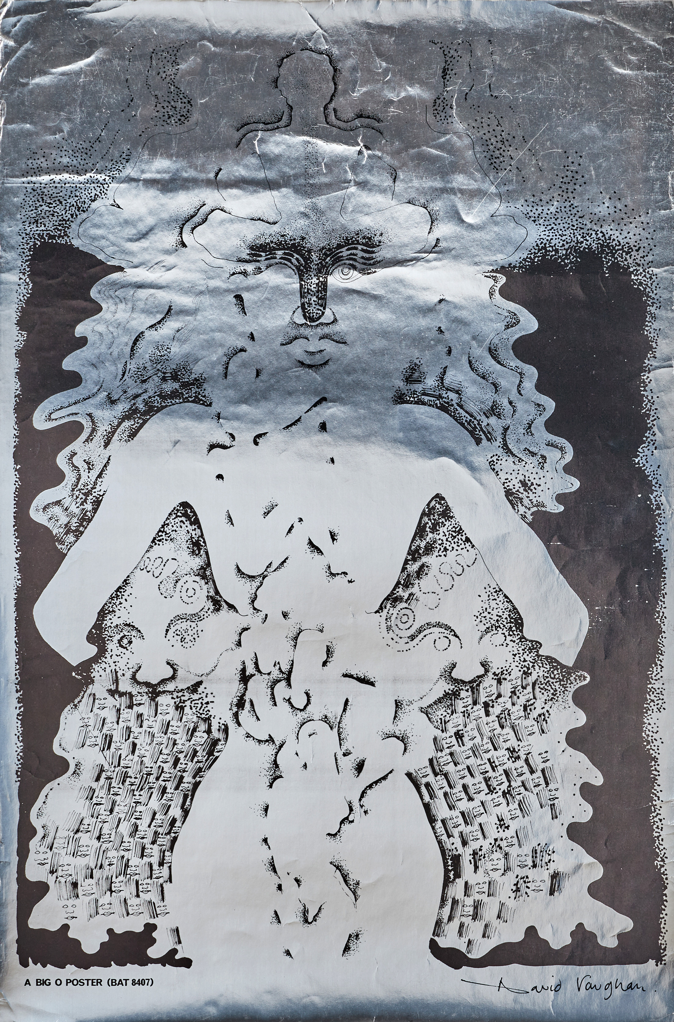 DAVID VAUGHAN. "Buddha", 1967, affisch, Big O Poster, screenprint på silver foil papper.