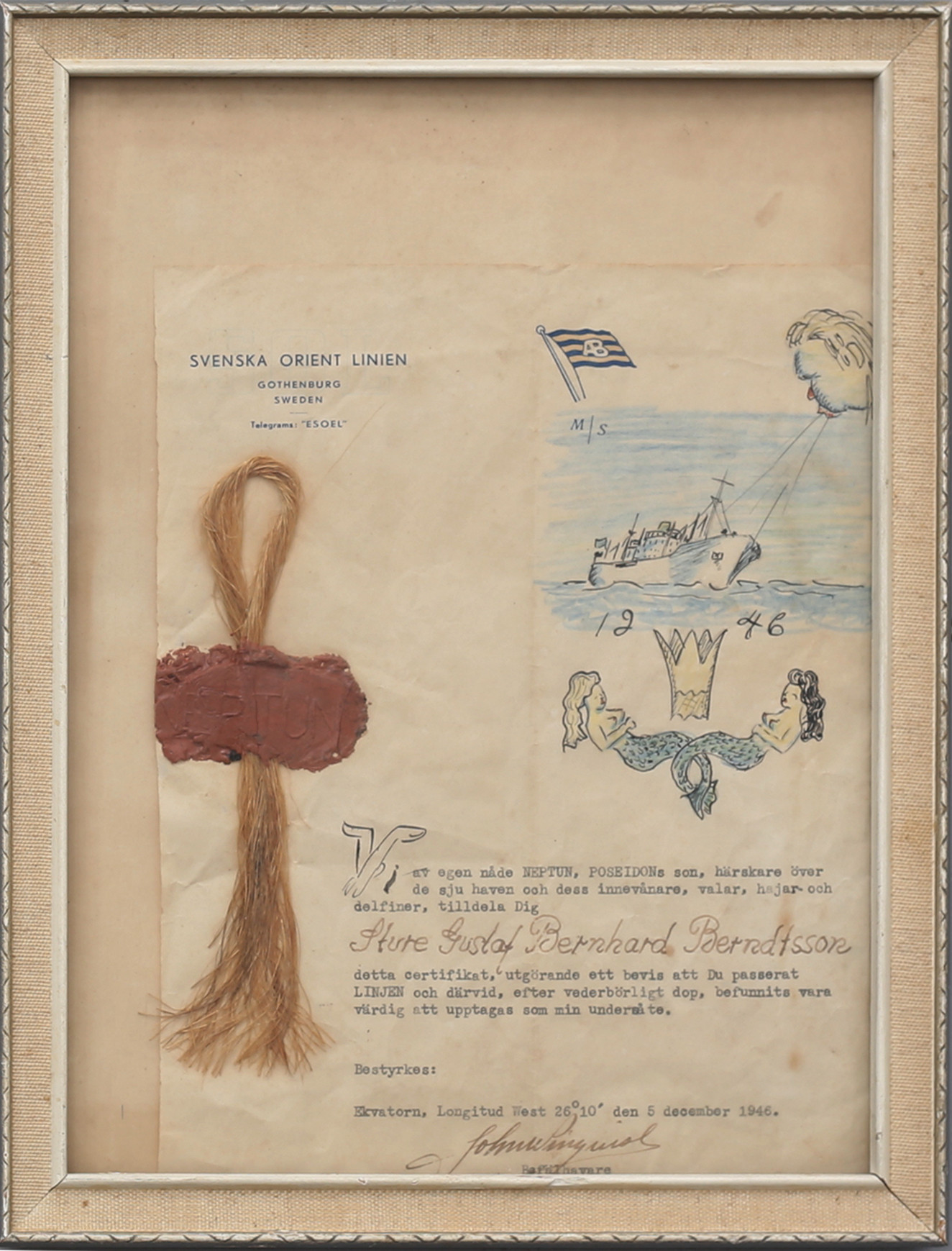 LINJEDOP, tavla med certifikat för korsande av Ekvatorn, 1946.