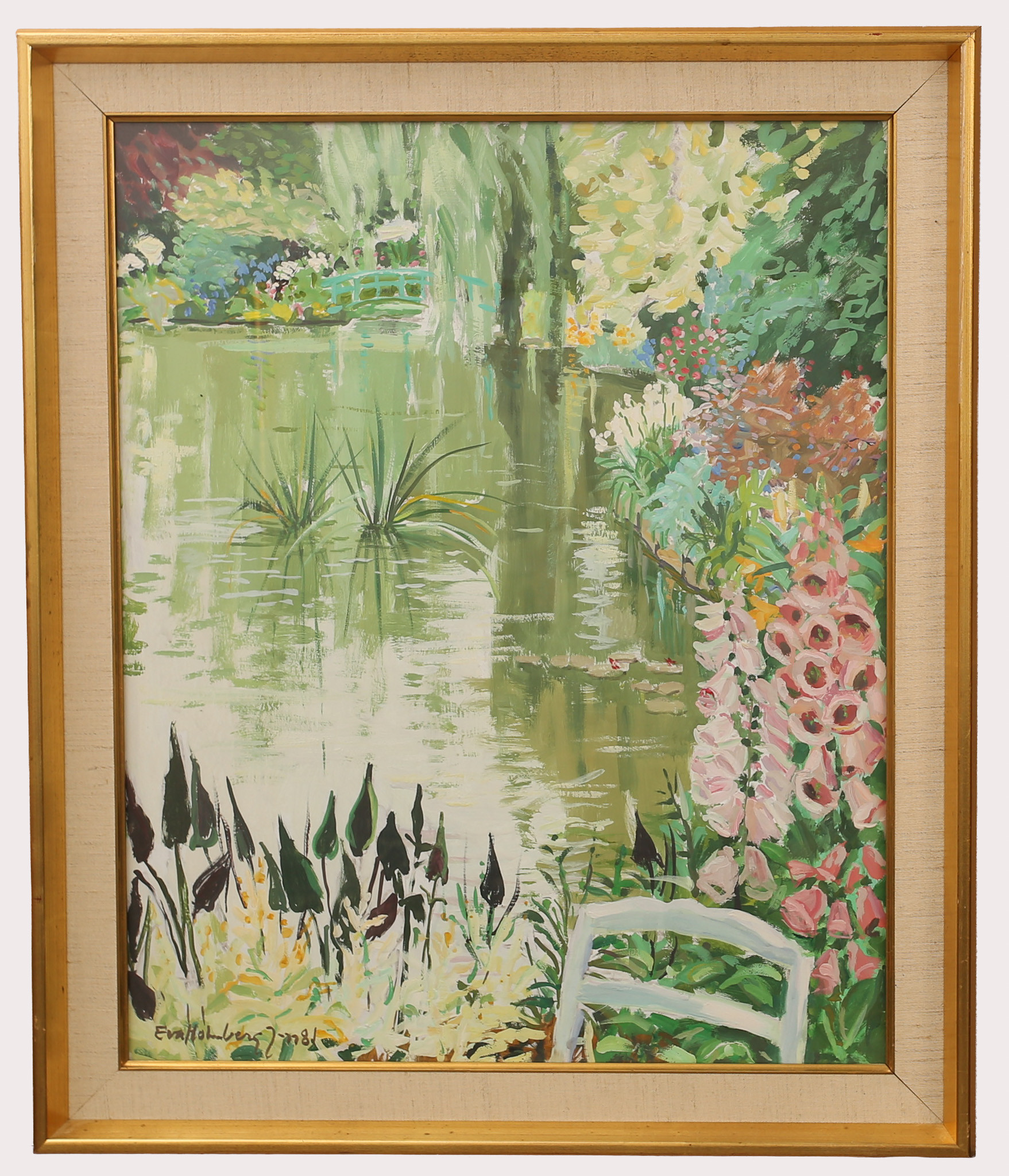 EVA HOLMBERG-JACOBSSON (1910-2003). Gouache, trådgårdsmotiv, signerad, daterat 1981.