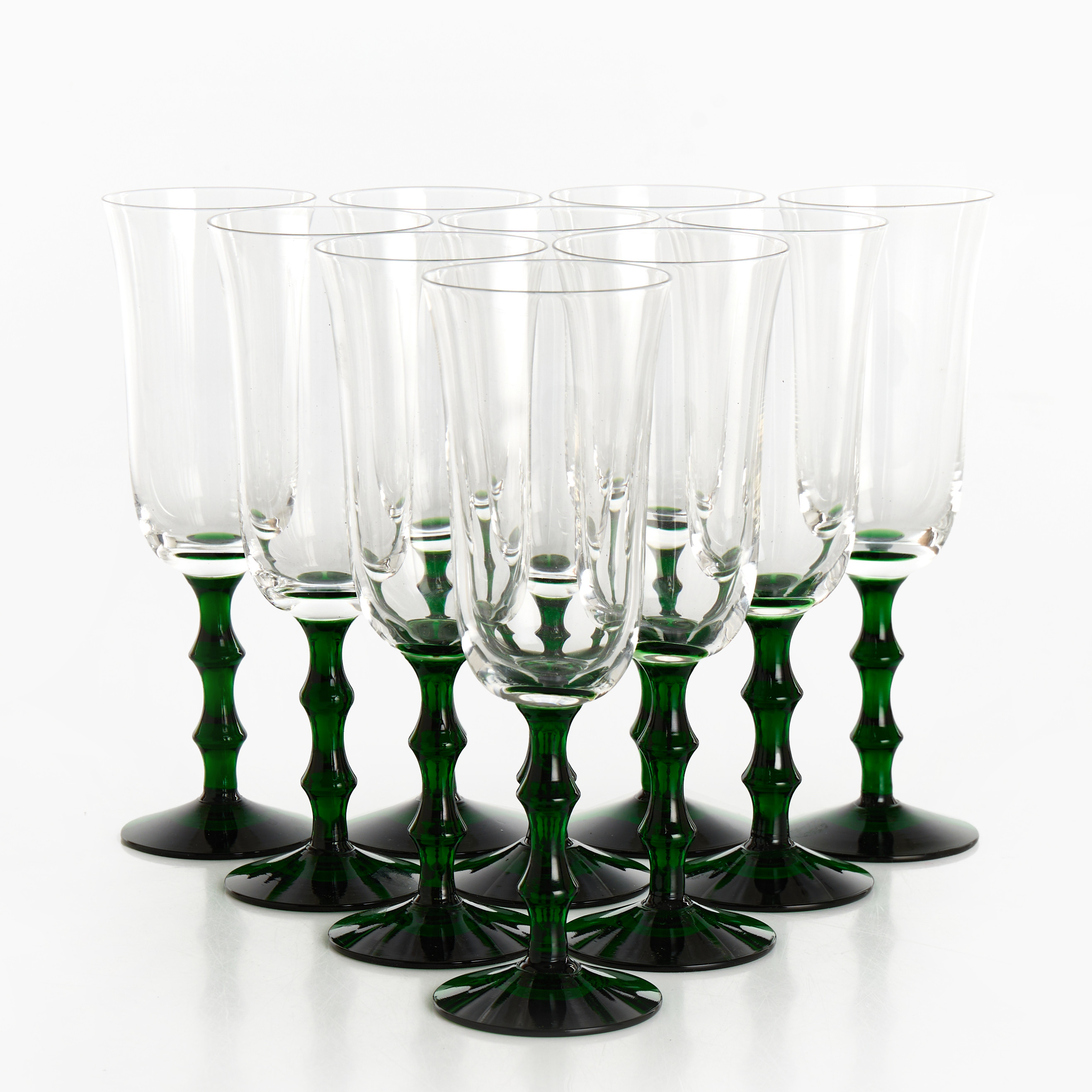 SIMON GATE, ”Salut”, 10 st champagneglas, Orrefors, 1900-talets andra hälft, grön fot, glas.