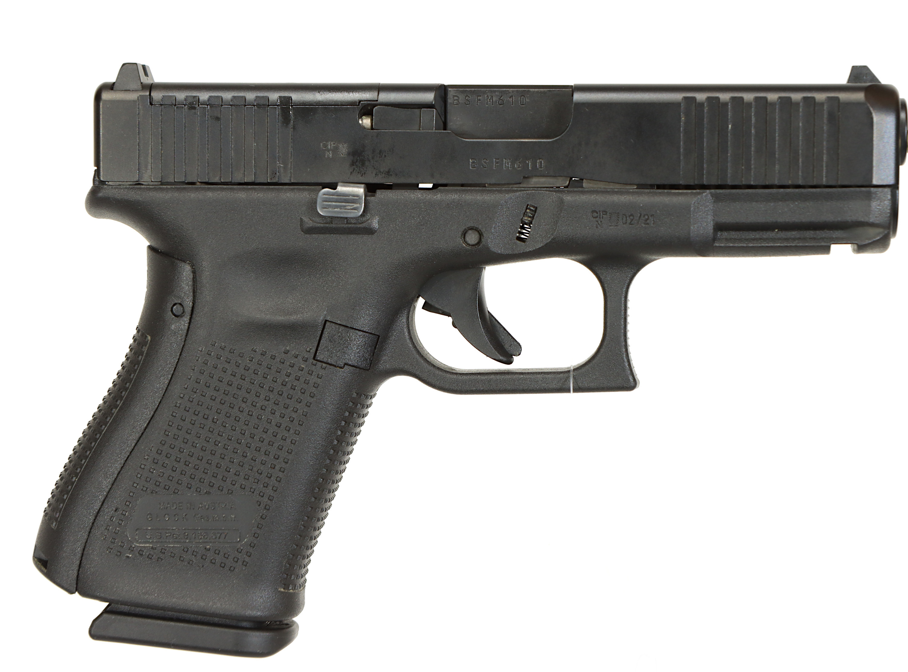 PISTOL, fabrikat Glock, modell 19 Gen 5 MOS, kaliber 9x19, tillv.nr BSFM610, se-nr SE3353640.