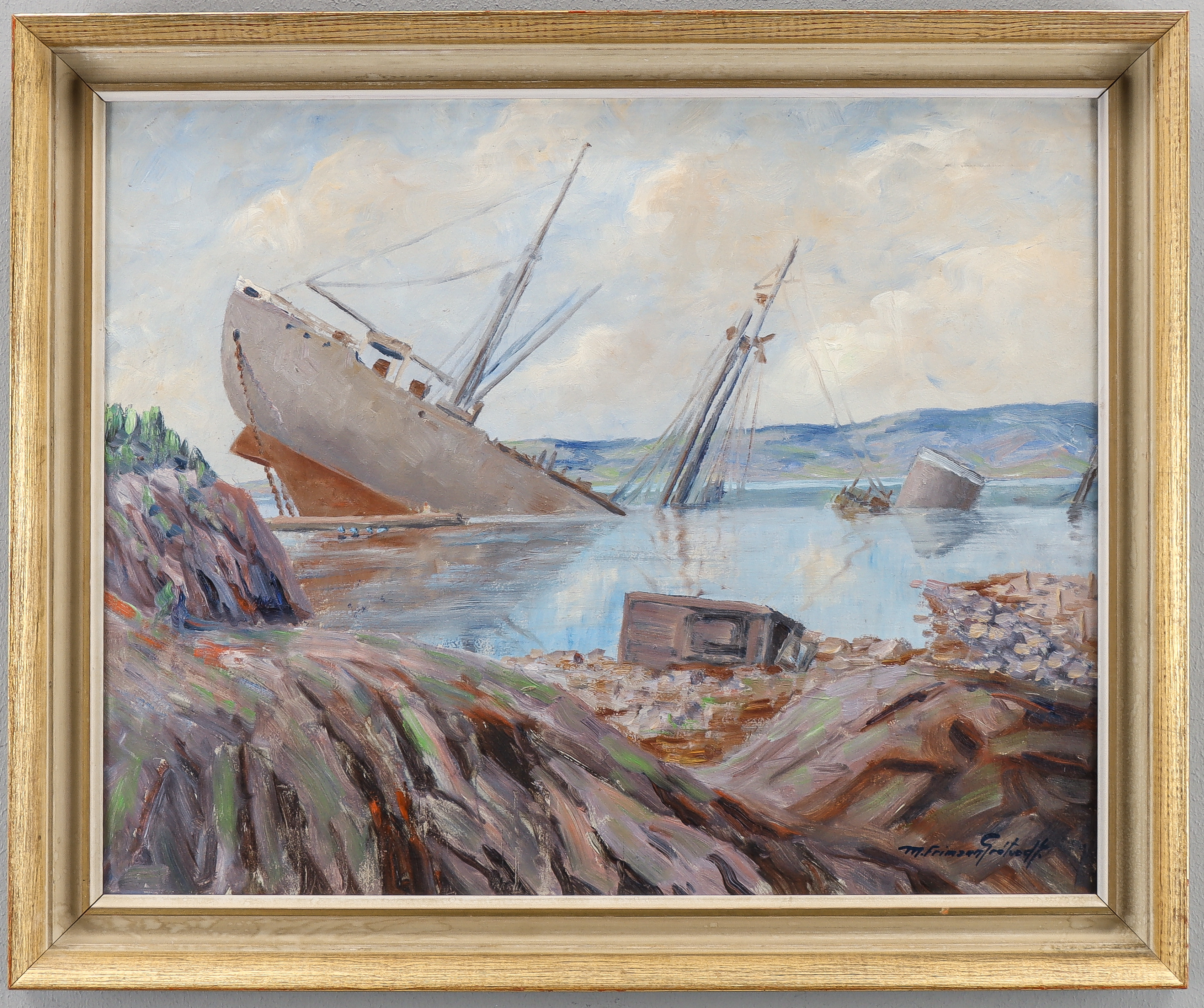 OIDENTIFIERAD KONSTNÄR, Vraket SS Donau, signerad "m. Frimann Grötvedt.