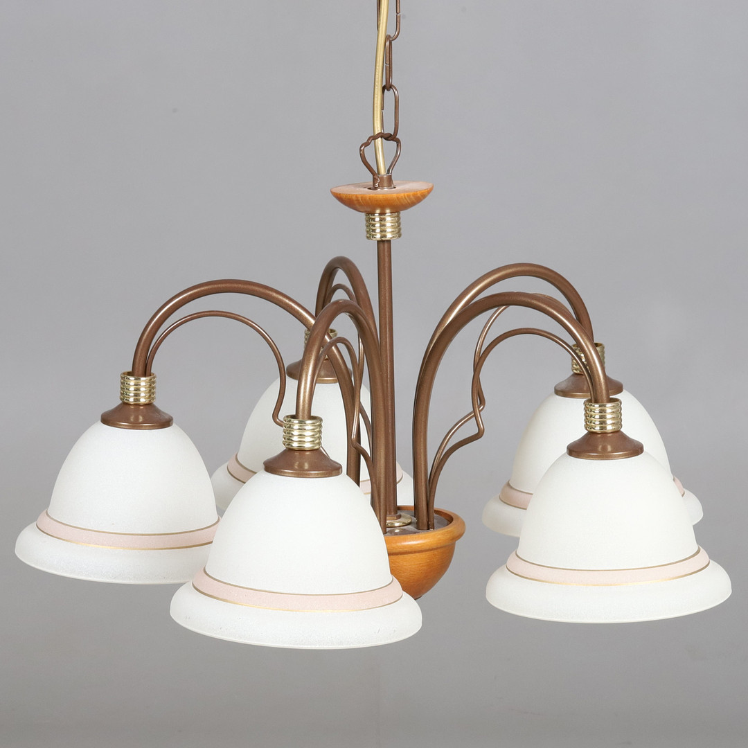 TAKLAMPA. Glas/metall/trä, 5 ljuspunkter, samtida.