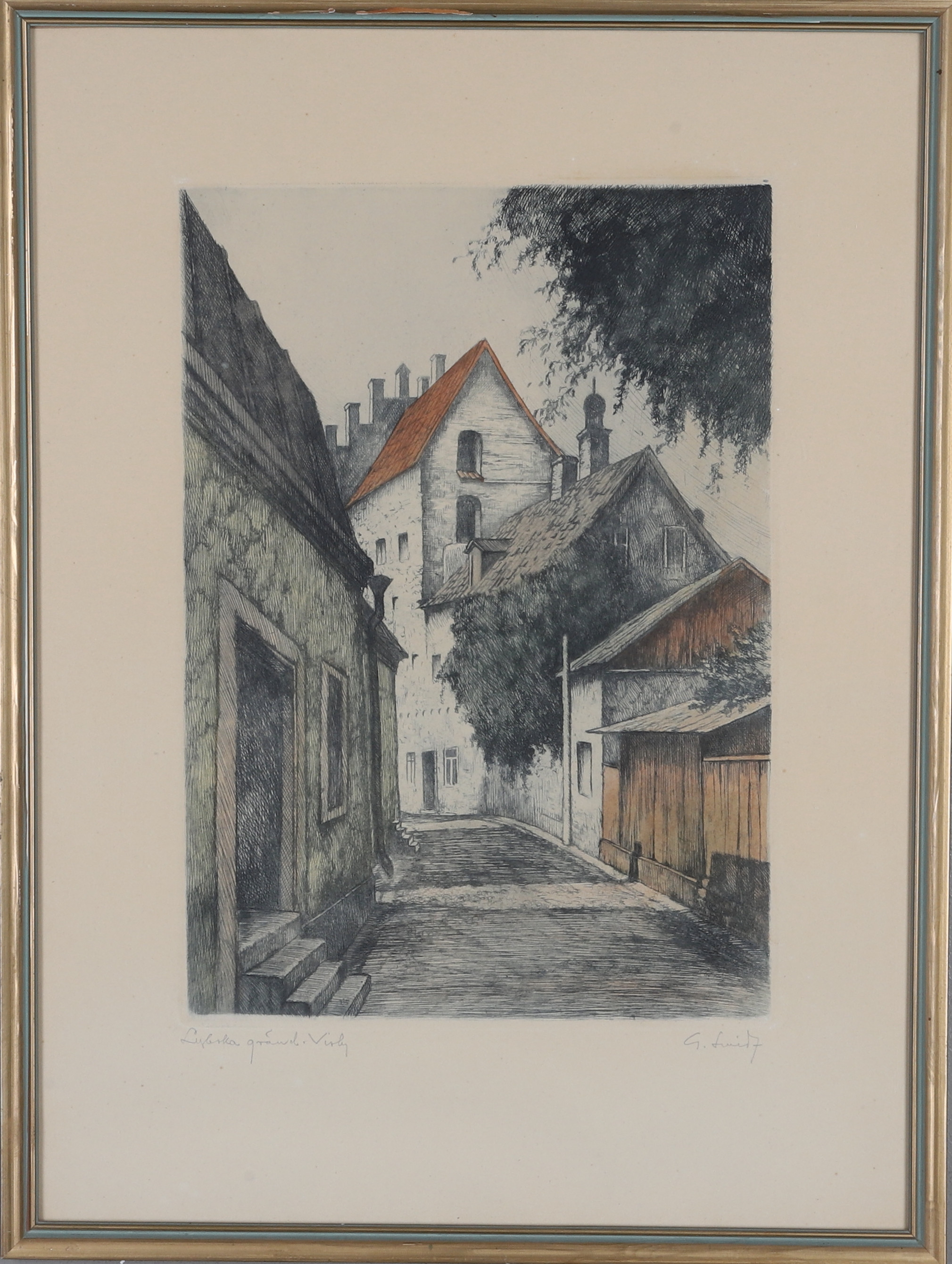 GASTON SMIDT. Etsning, "Lybska Gränd, Visby", signerad G. Smidt.