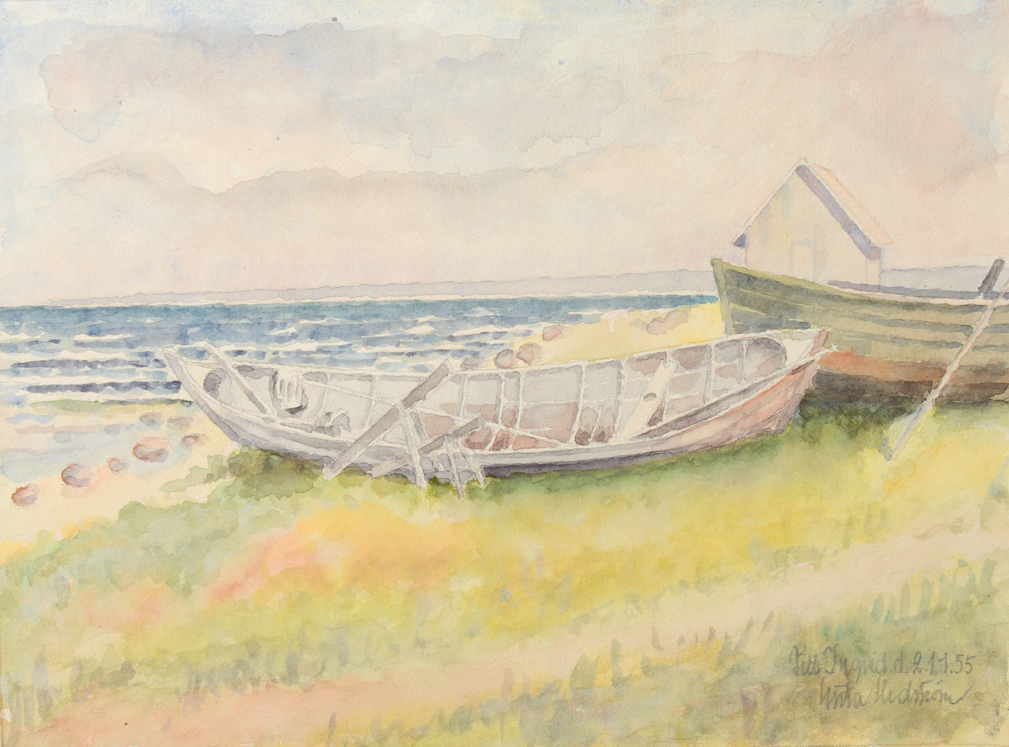 GÖSTA HEDSTRÖM. Akvarell, kustmotiv, daterad 2/11-55.