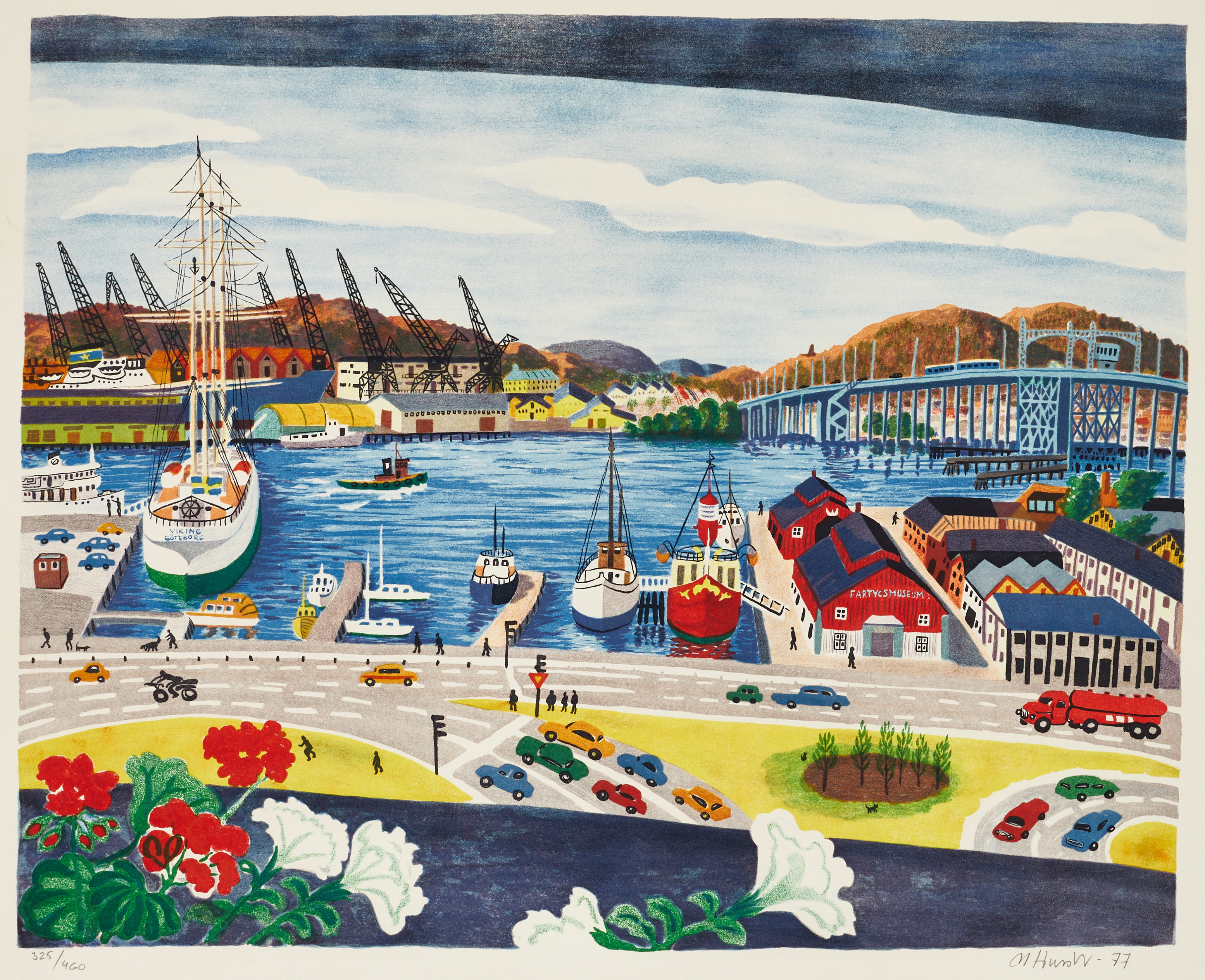 MONA HUSS WALIN (född 1944). "Lilla Bommen", Göteborgs hamn, signerad och daterad -77, numrerad 325/460, färglitografi.