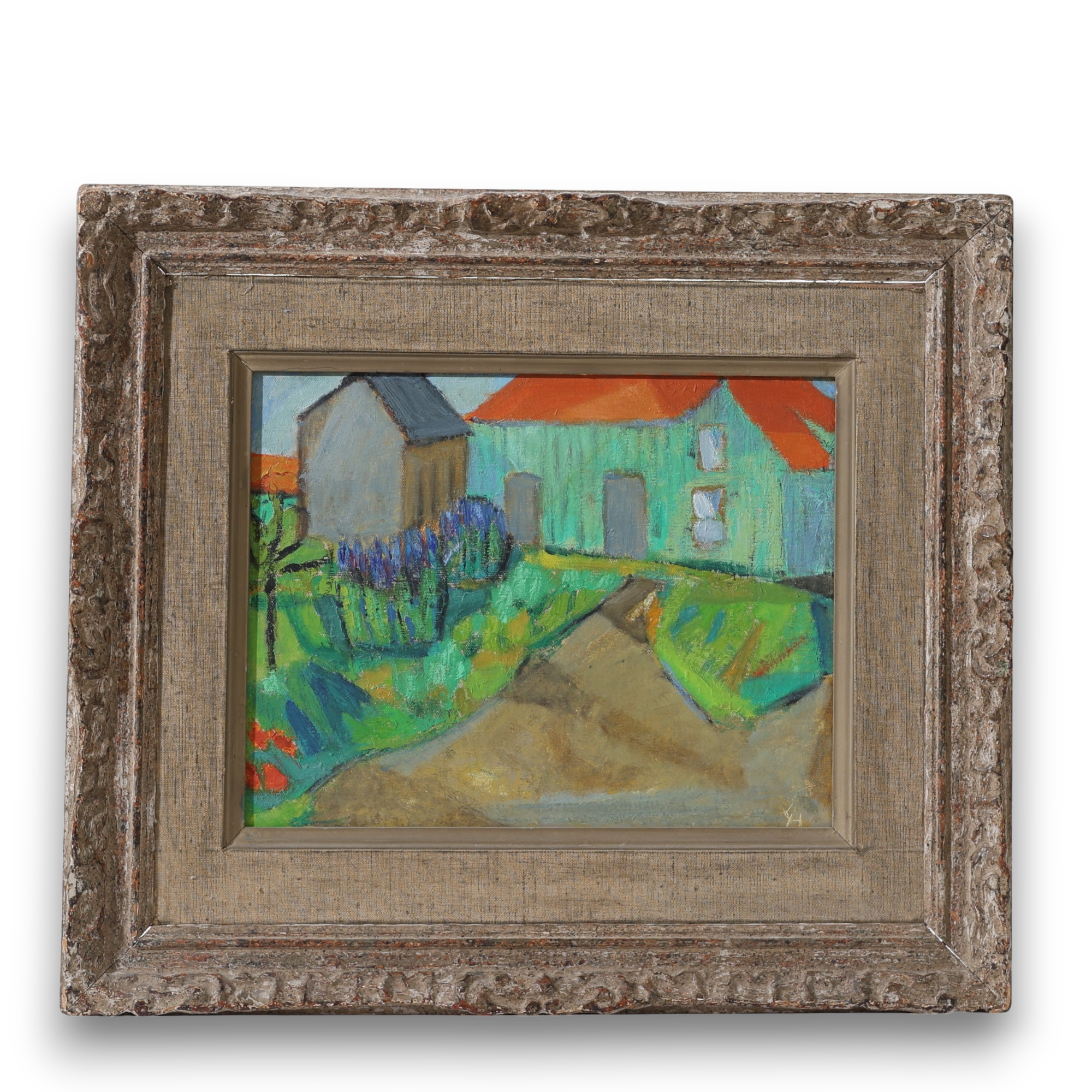 GUNNAR  HÅLLANDER. "Grönt hus", olja på duk, monogramsignerad, 1953.